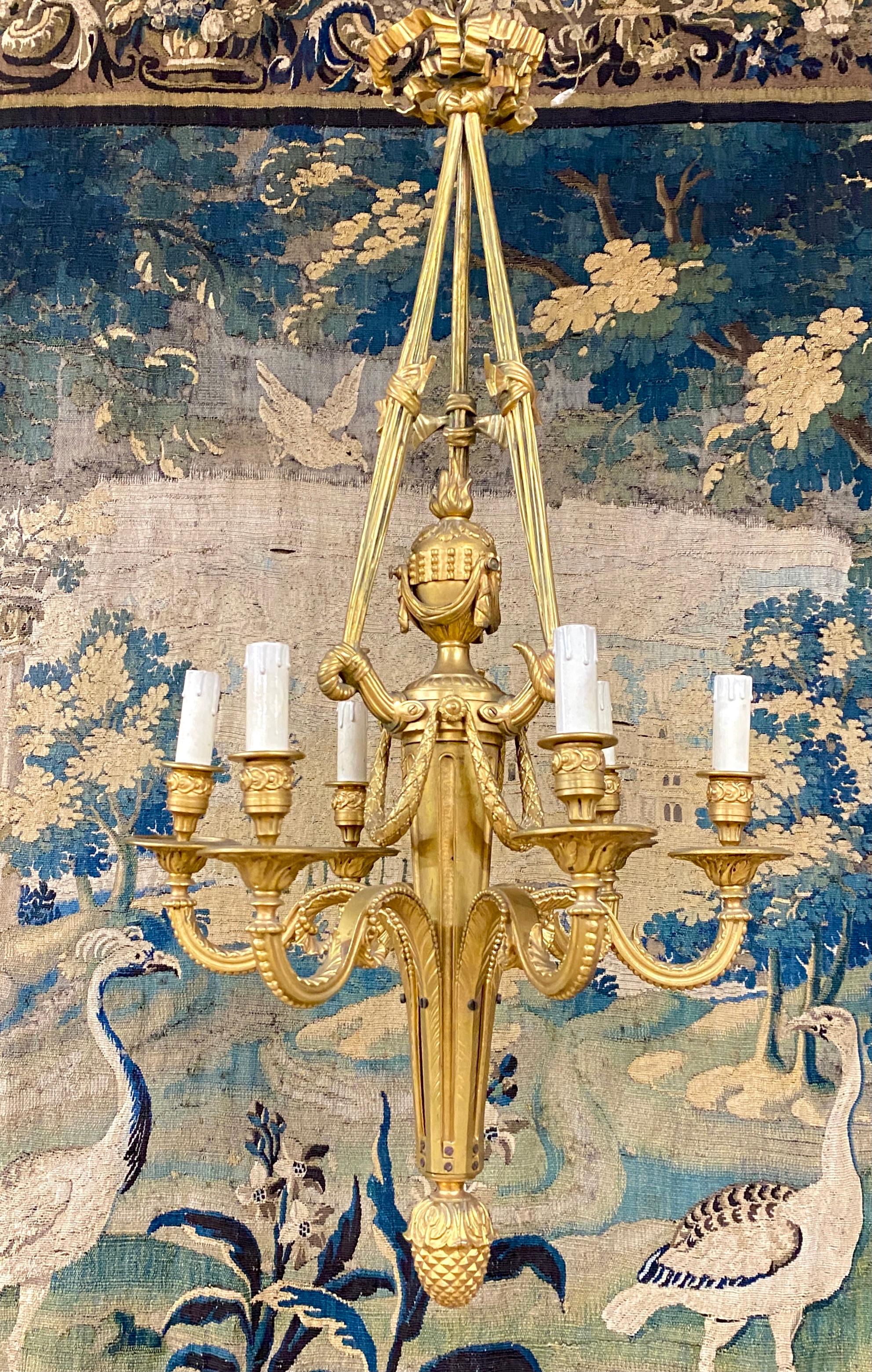 French Louis XVI Style Gilt Bronze Chandelier With Six Arms Of Light. Period Late 19th 