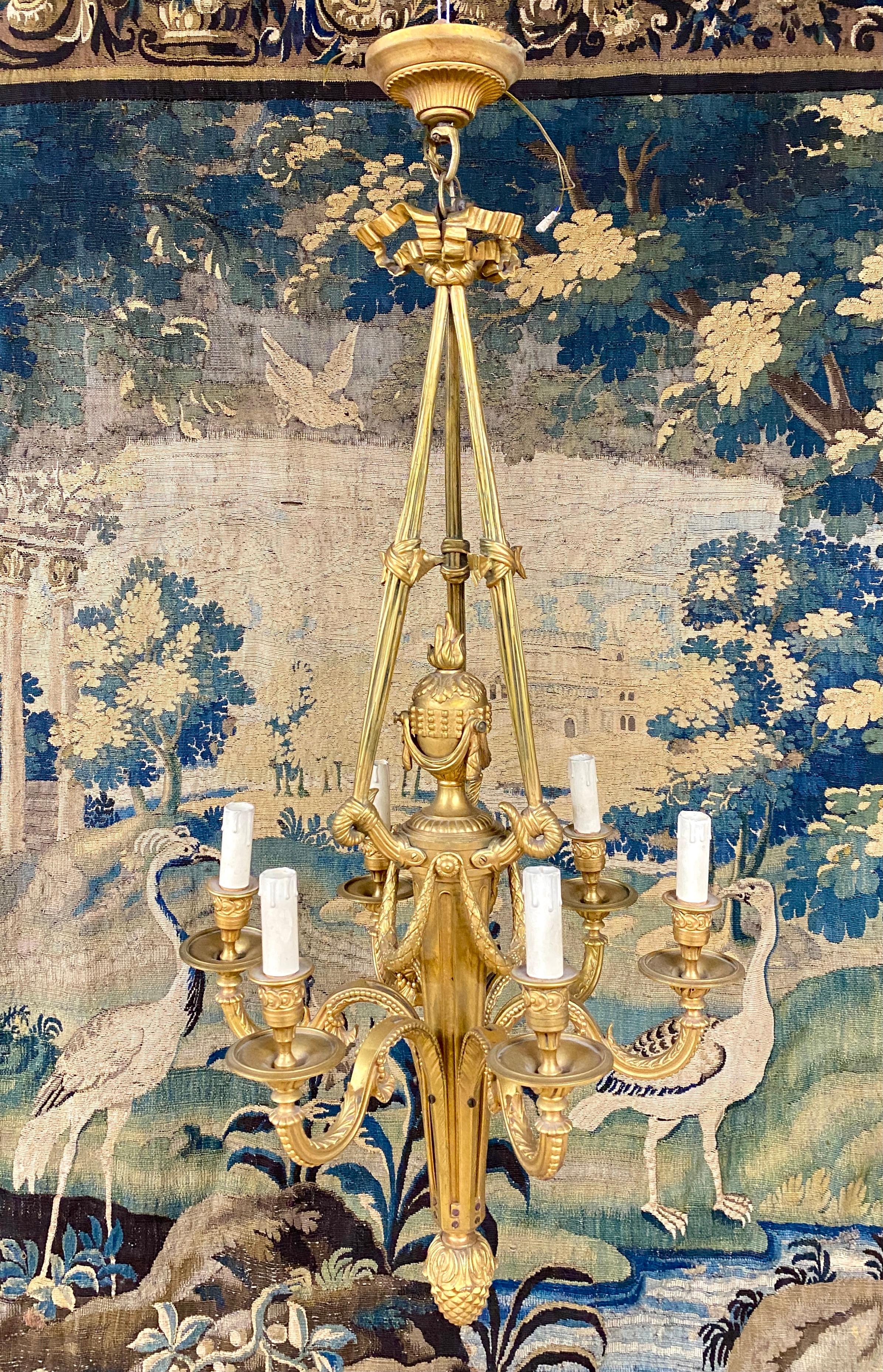 Louis XVI Style Gilt Bronze Chandelier With Six Arms Of Light. Period Late 19th  In Excellent Condition In NONANCOURT, FR
