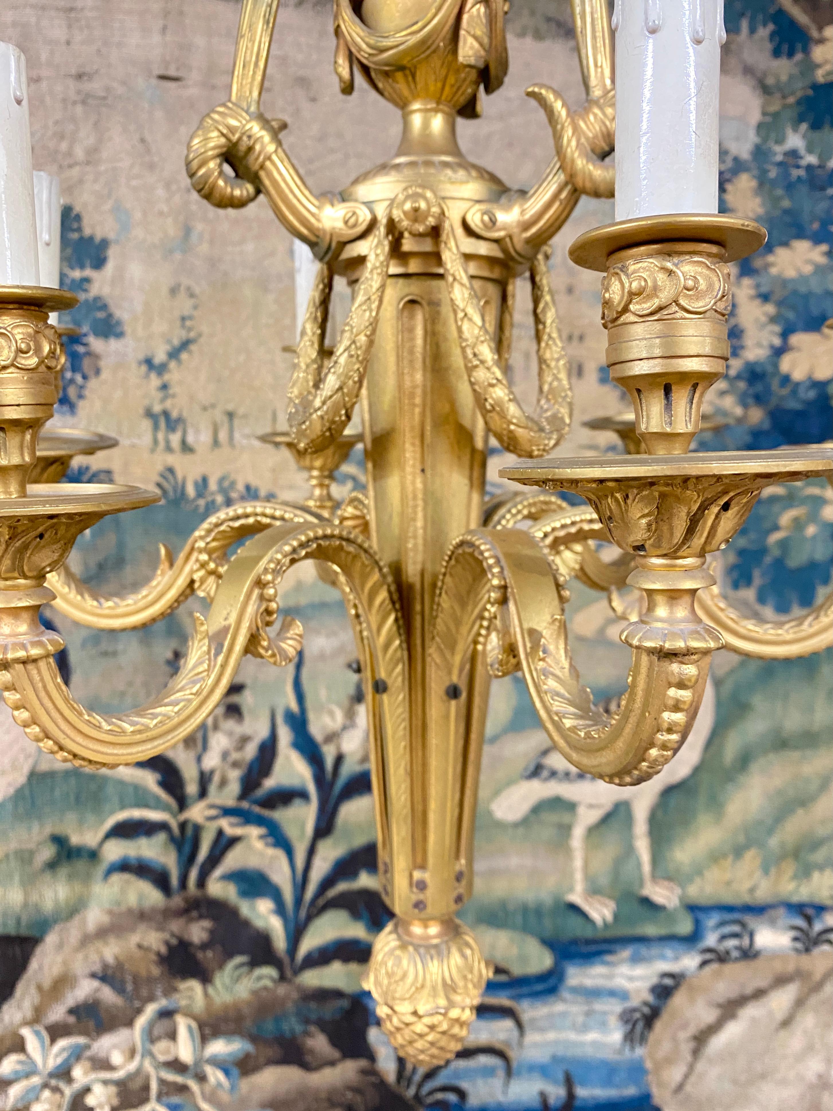 19th Century Louis XVI Style Gilt Bronze Chandelier With Six Arms Of Light. Period Late 19th 