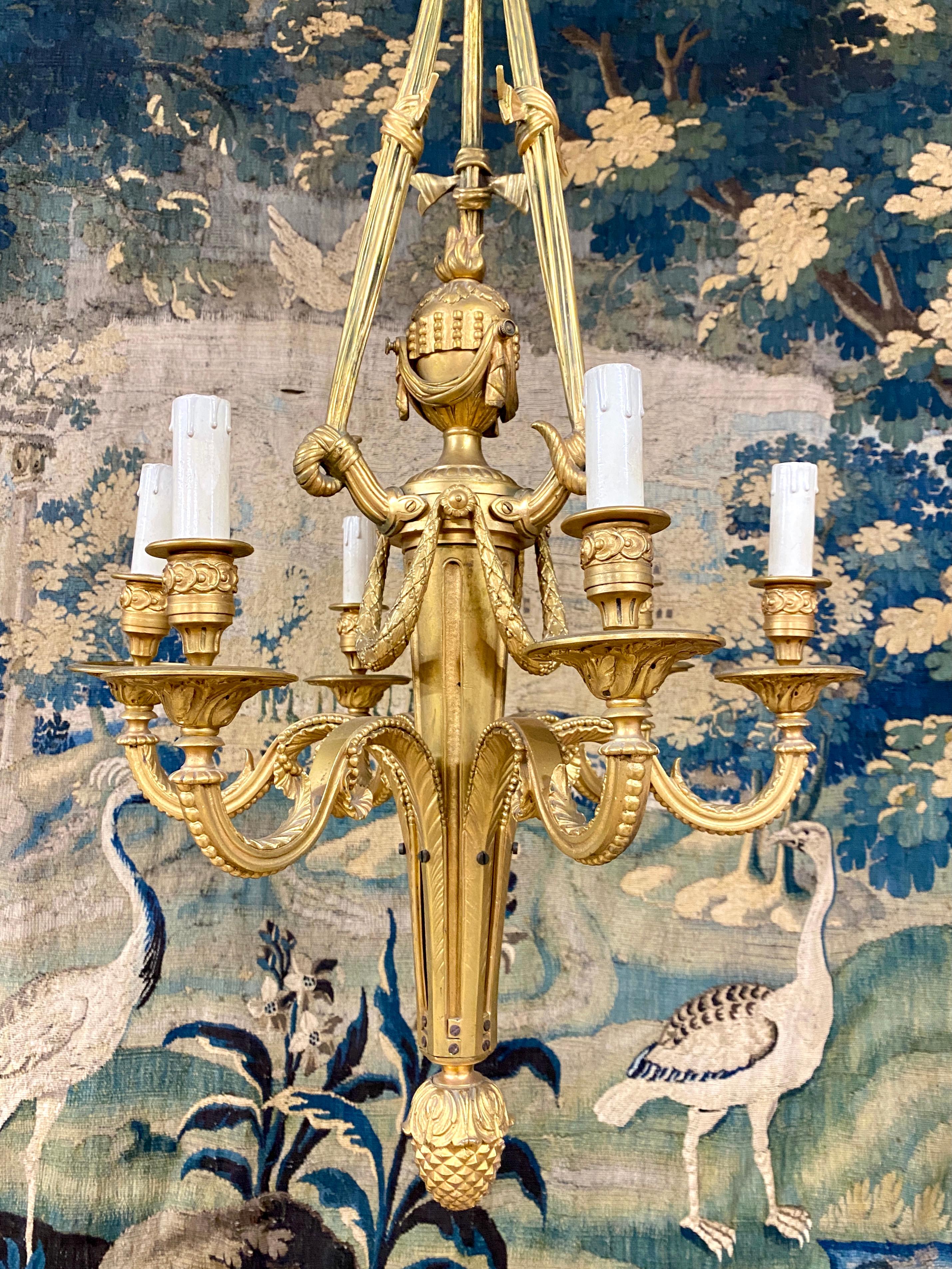 Louis XVI Style Gilt Bronze Chandelier With Six Arms Of Light. Period Late 19th  1