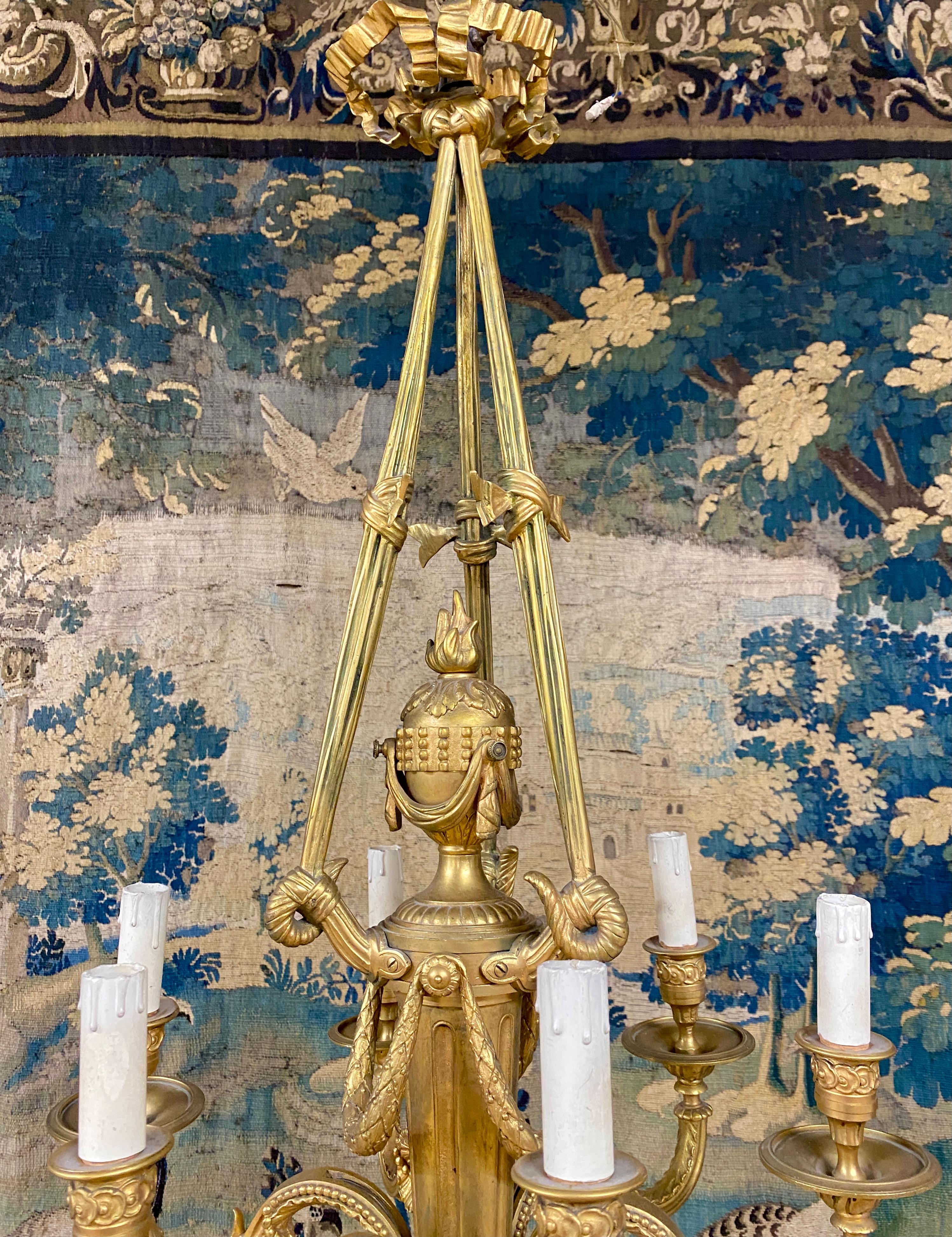 Louis XVI Style Gilt Bronze Chandelier With Six Arms Of Light. Period Late 19th  2