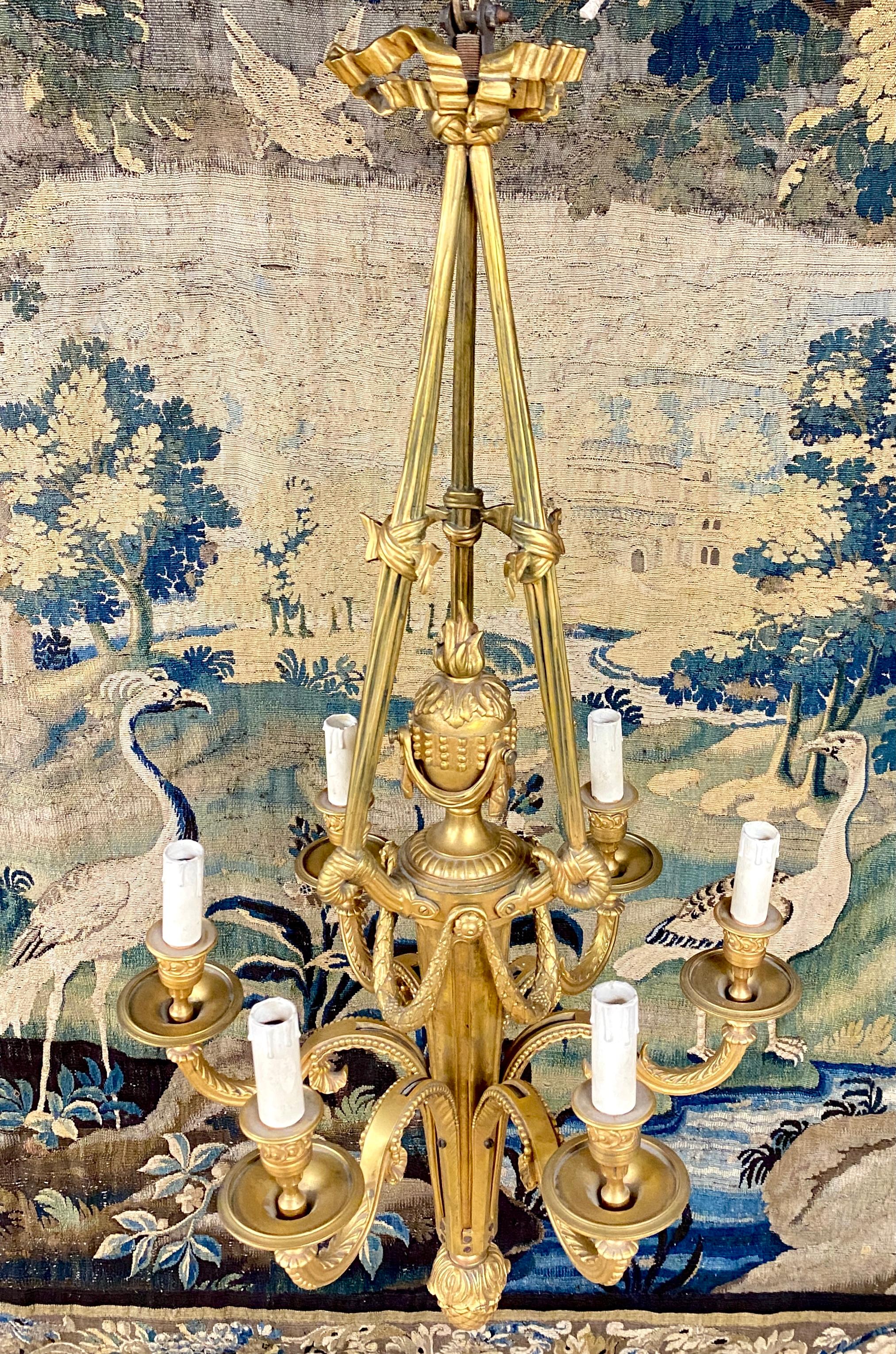 Louis XVI Style Gilt Bronze Chandelier With Six Arms Of Light. Period Late 19th  3