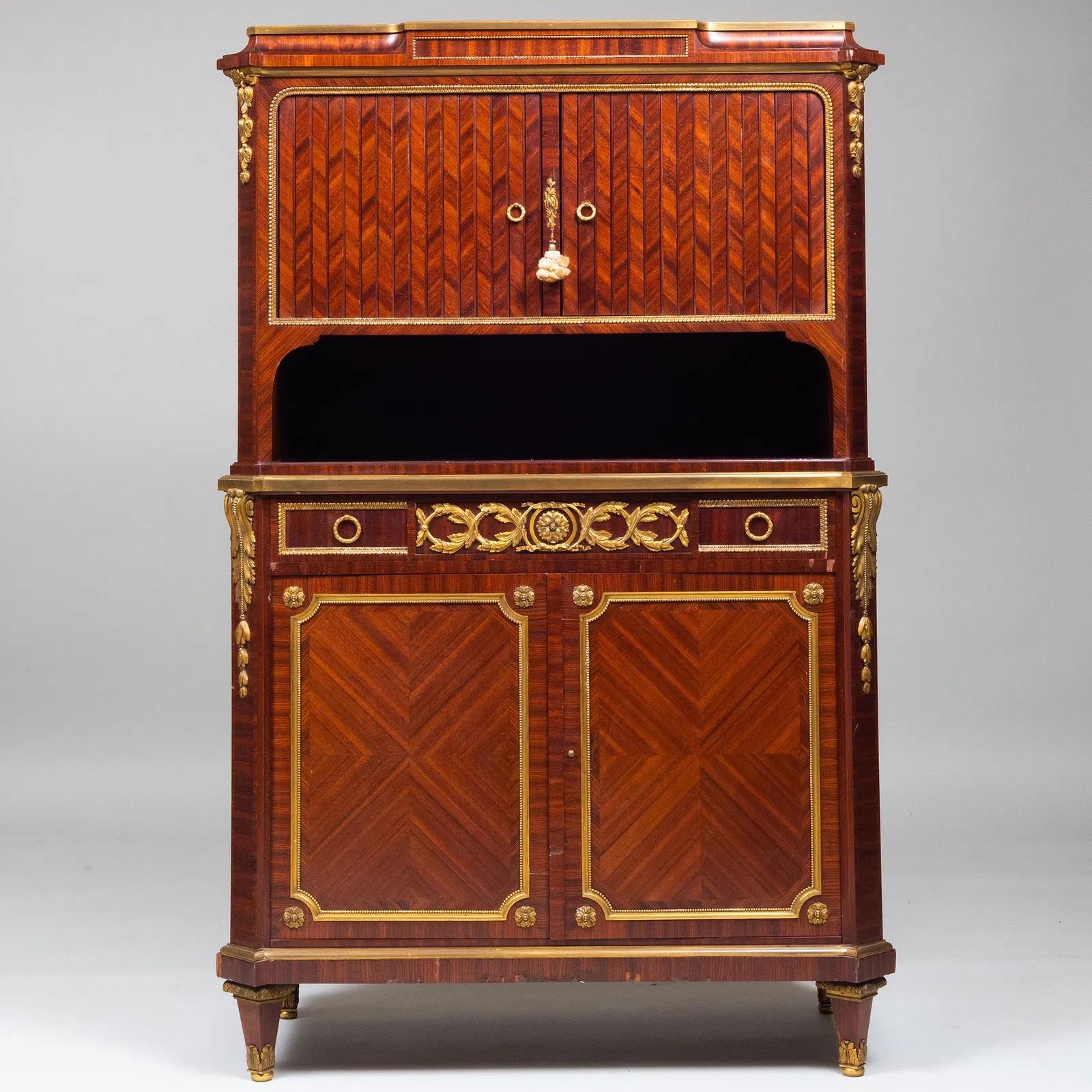 French Louis XVI Style Gilt Bronze Mounted and Mahogany Marquetry Cabinet For Sale