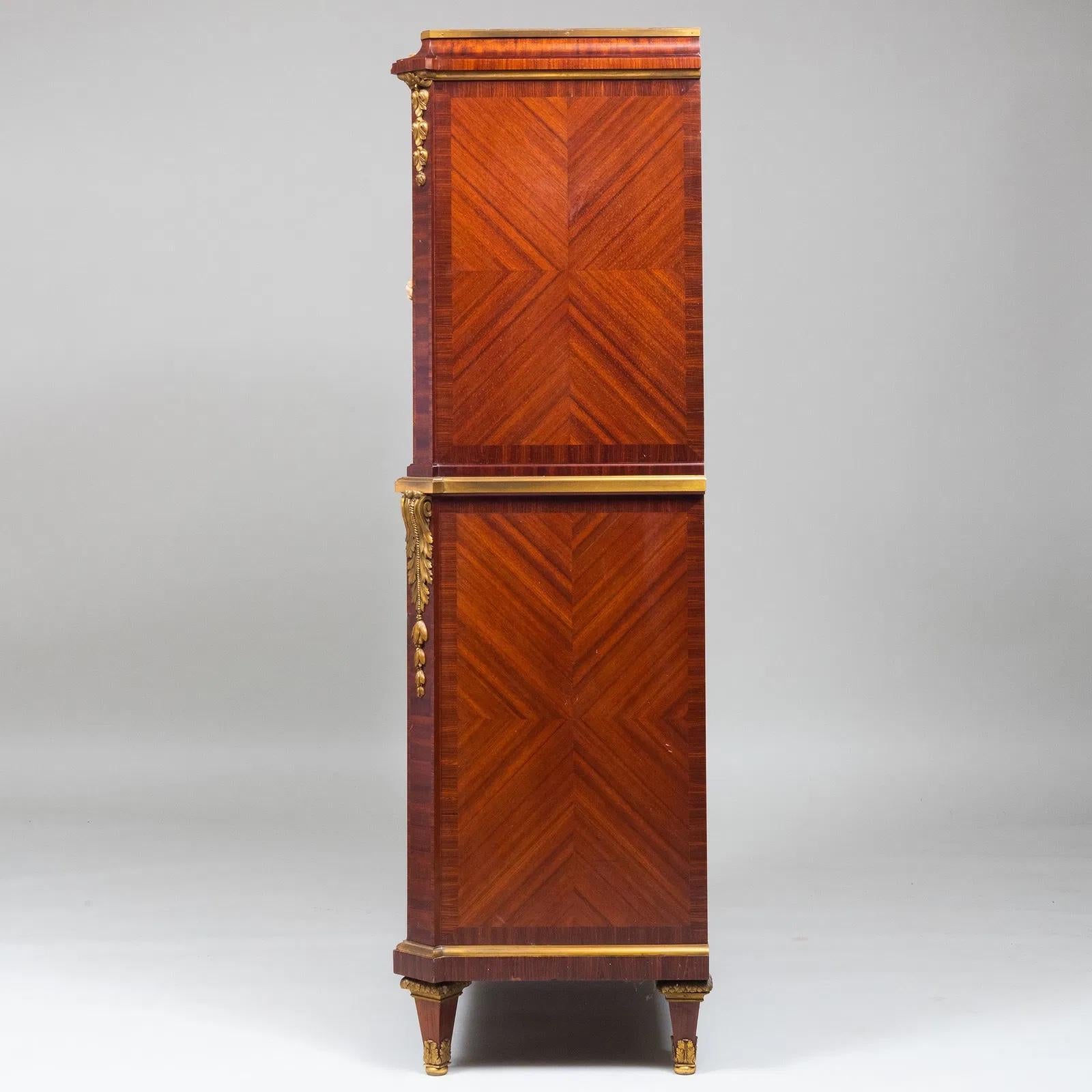Louis XVI Style Gilt Bronze Mounted and Mahogany Marquetry Cabinet In Good Condition For Sale In Montreal, QC