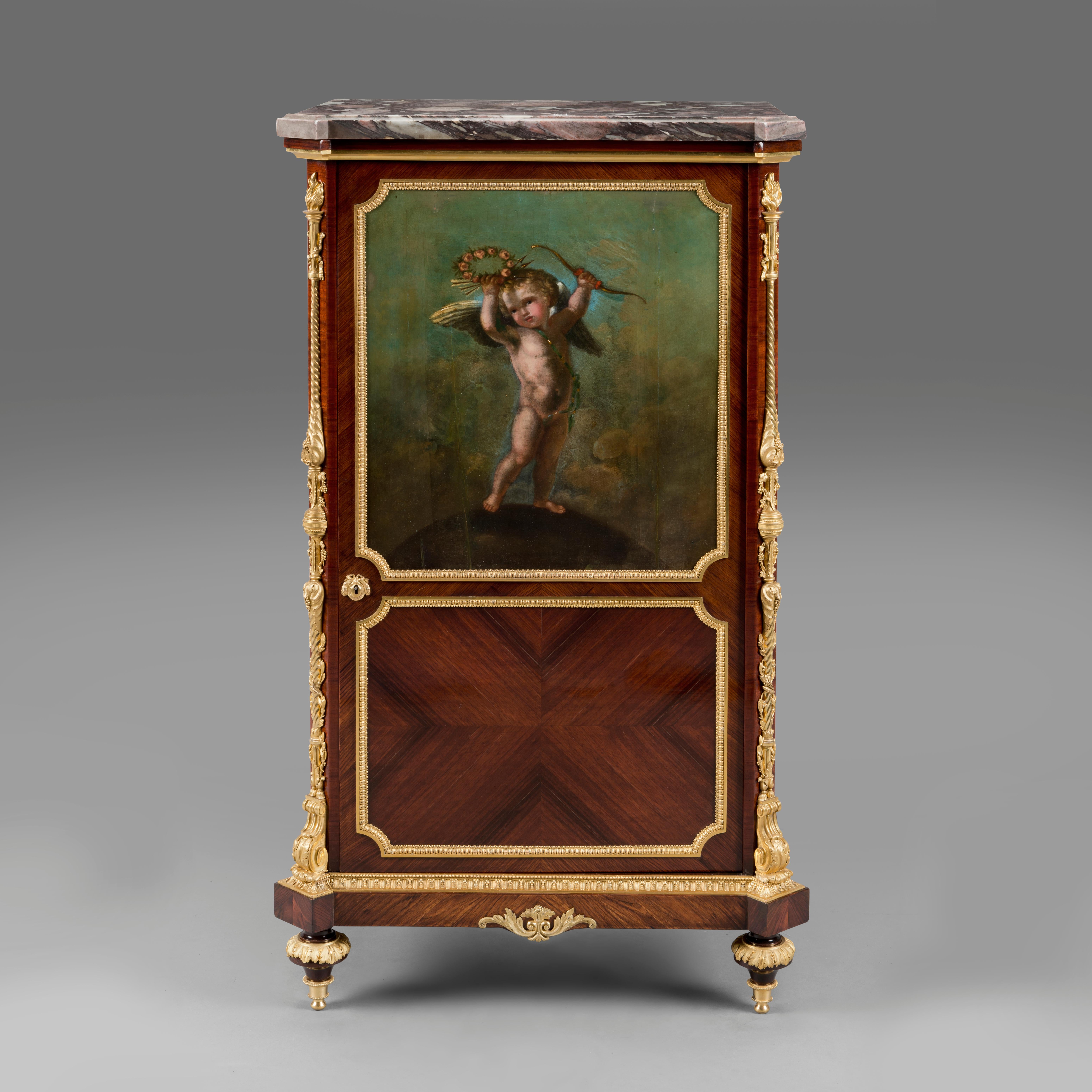 A fine Louis XVI style gilt-bronze mounted cabinet with a Vernis martin panel, in the manner of Paul Sormani.

This elegant cabinet has a rectangular Seravezza marble top with canted corners above a conforming case with fine crossbanded veneers.