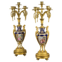 Louis XVI Style Gilt Bronze Mounted Cobalt blue Porcelain Five-Light Candelabras