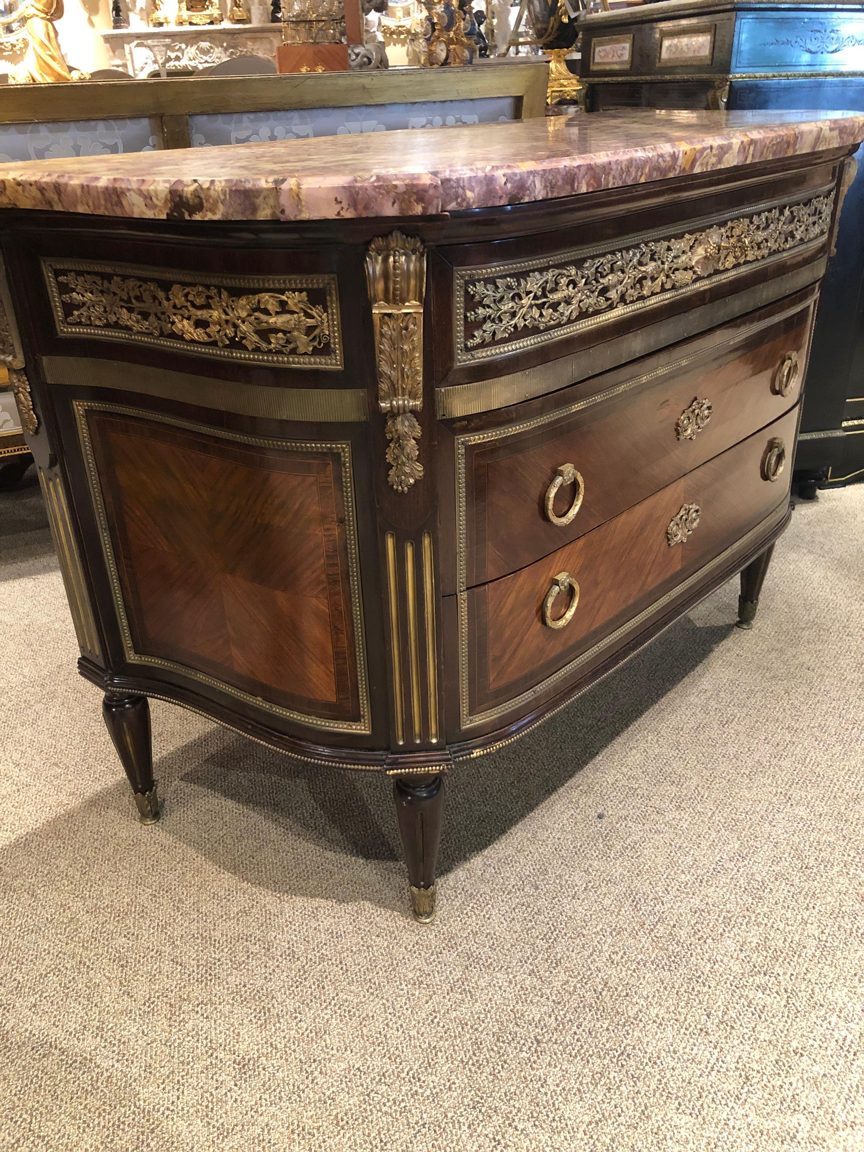 French Louis XVI Style Gilt Bronze Mounted Commode 19th Century Marble Top For Sale
