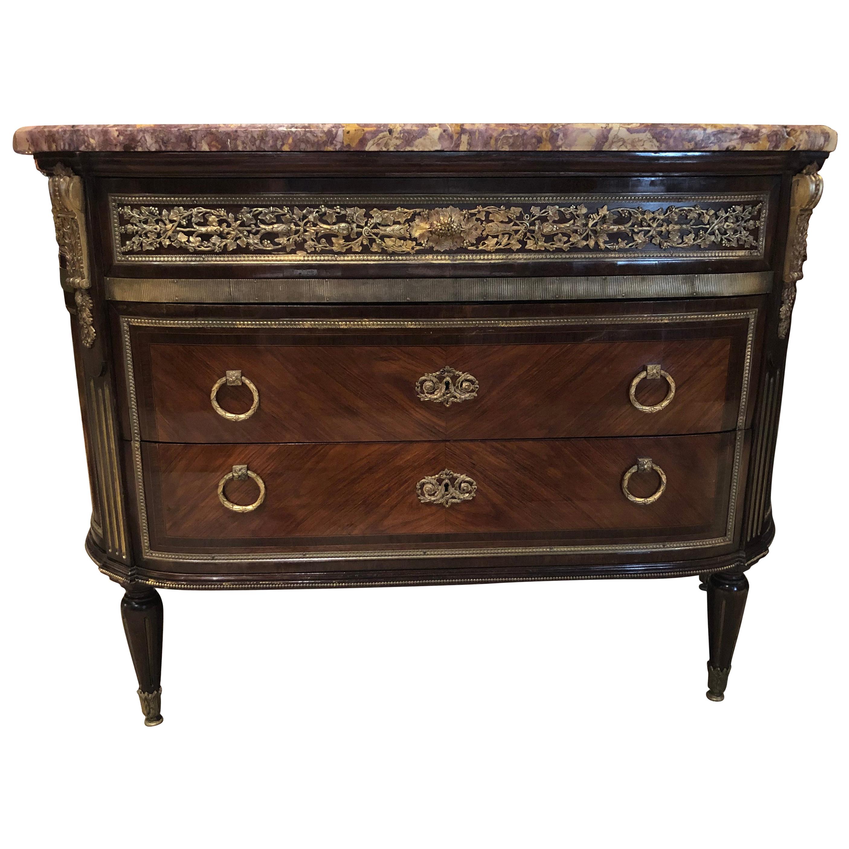 Louis XVI Style Gilt Bronze Mounted Commode 19th Century Marble Top For Sale