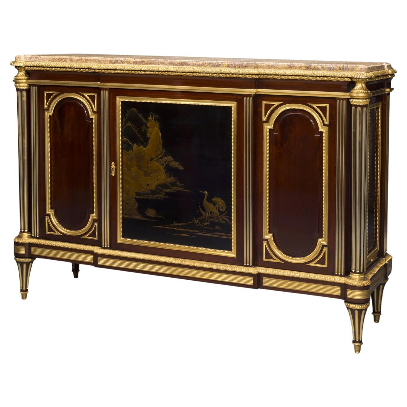  Louis XVI Stil Vergoldete Bronzemontierung Mahagoni und Lack Kommode à Vantaux im Angebot