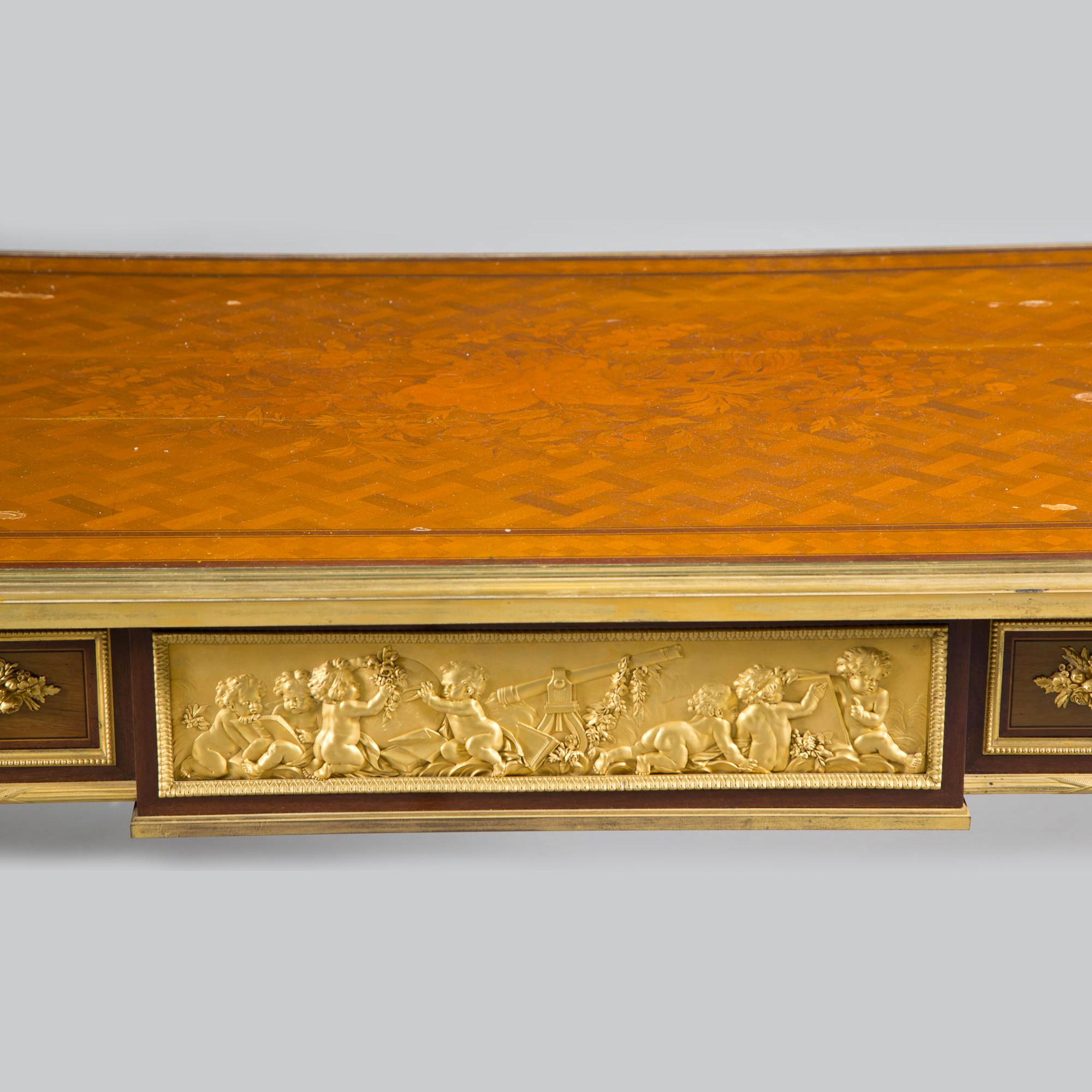 Fruitwood Louis XVI Style Gilt-Bronze Mounted Marquetry and Parquetry by Henry Dasson For Sale