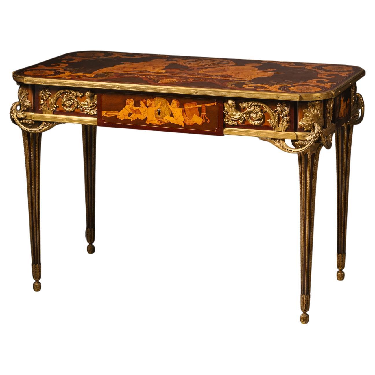 Table centrale de style Louis XVI en marqueterie montée sur bronze doré par Beurdeley en vente