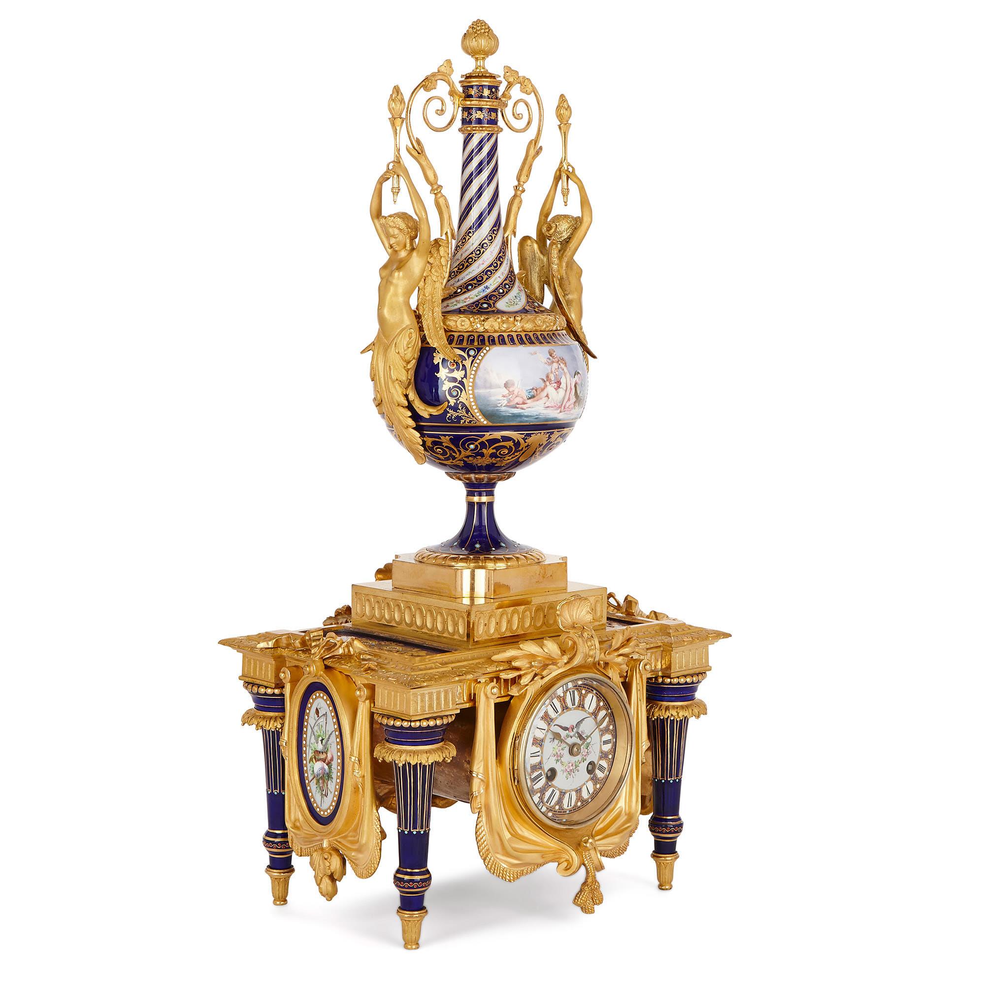 This beautiful Louis XVI style mantel clock was designed by Louis-Constant Sévin, who was the chief ornamentalist at the prestigious Barbedienne bronze foundry in Paris. The company was directed by Ferdinand Barbedienne, who was a famous French