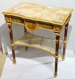 Louis XVI Style Gilt Bronze Mounted Table with Onyx Top and Stretcher