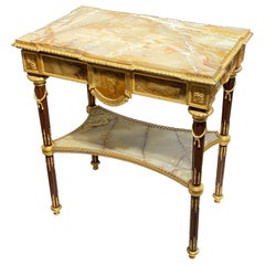 Louis XVI Style Gilt Bronze Mounted Table with Onyx Top and Stretcher