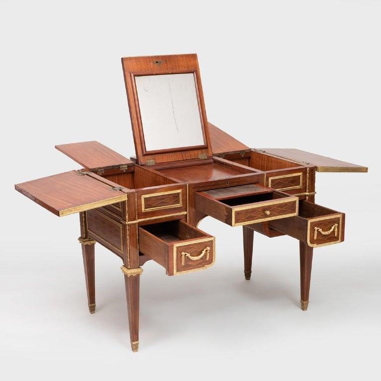 Bronze French Design, Louis XVI, Small Desk, Vanity, Brown Parquetry, Marquetry, 1900s For Sale