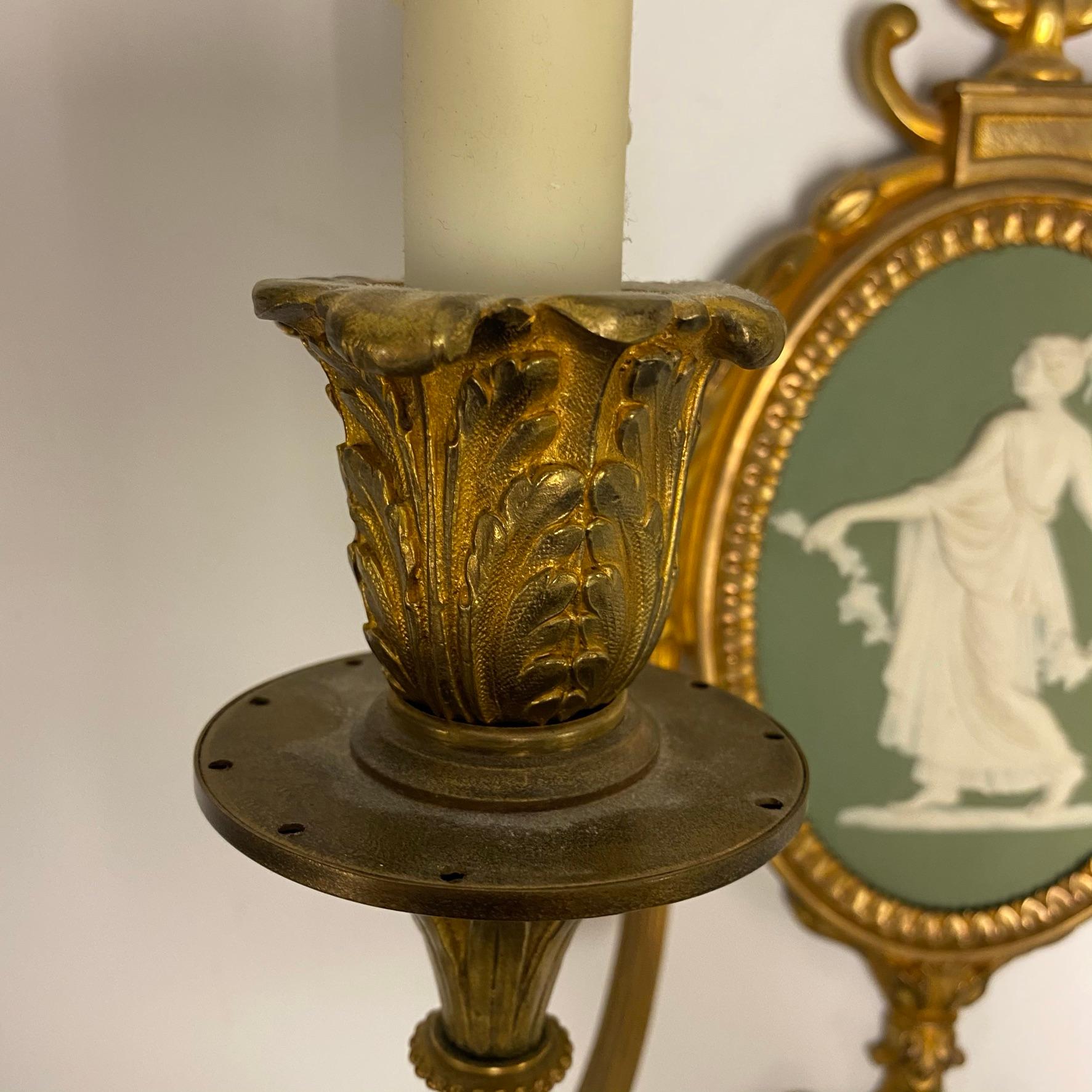 Louis XVI Style Gilt Bronze Sconces with Neoclassical Jasperware Plaques For Sale 6
