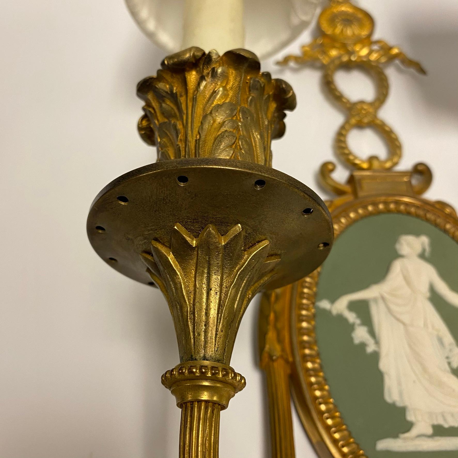 Louis XVI Style Gilt Bronze Sconces with Neoclassical Jasperware Plaques For Sale 5