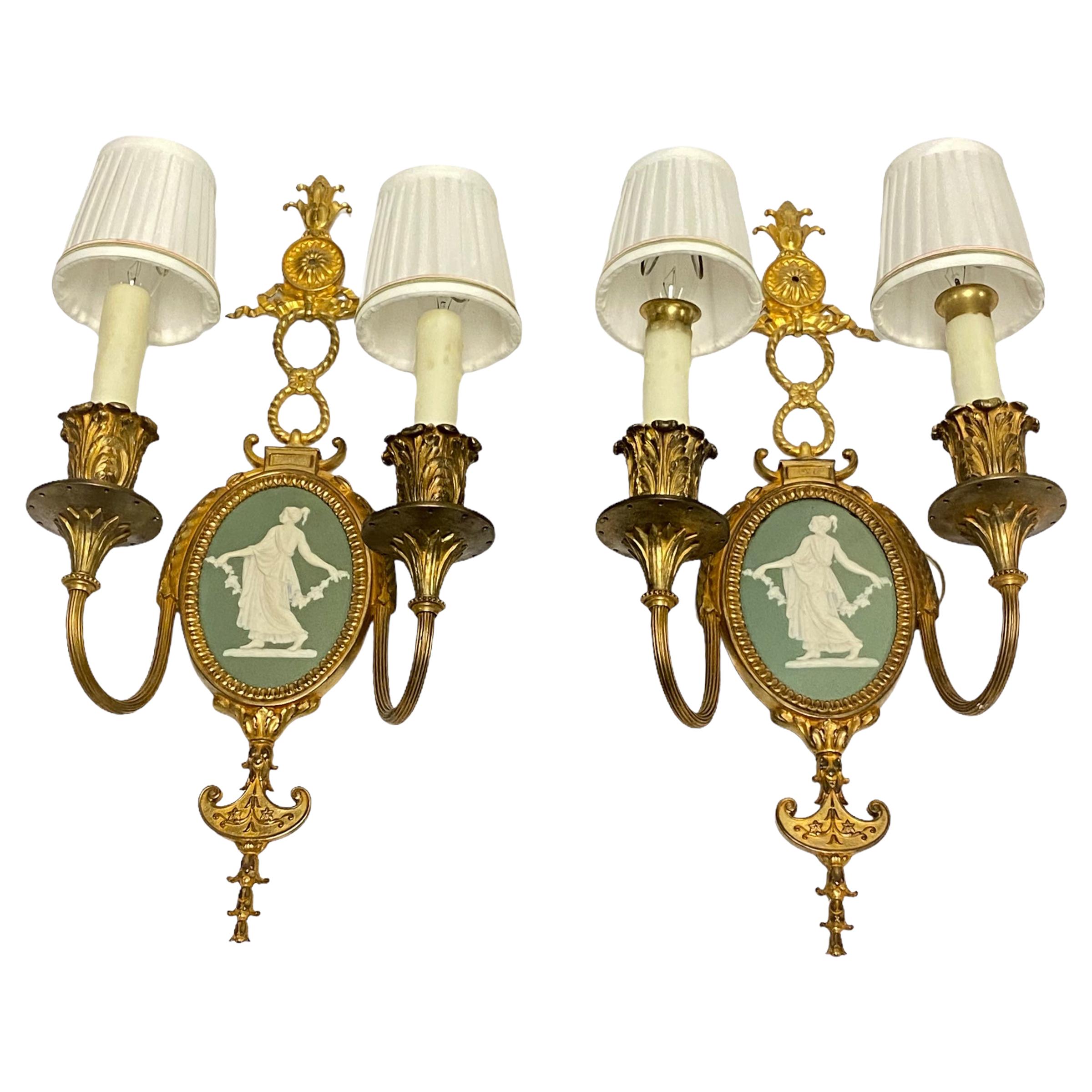 Louis XVI Style Gilt Bronze Sconces with Neoclassical Jasperware Plaques For Sale