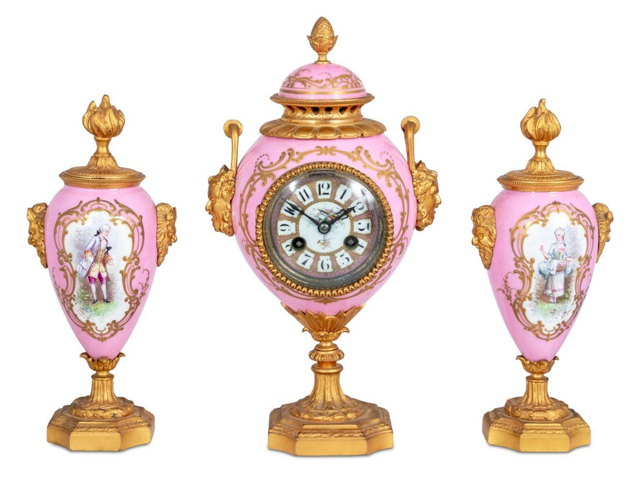 Louis XVI Style Gilt Bronze Sevres Clock Set, 3 For Sale 1