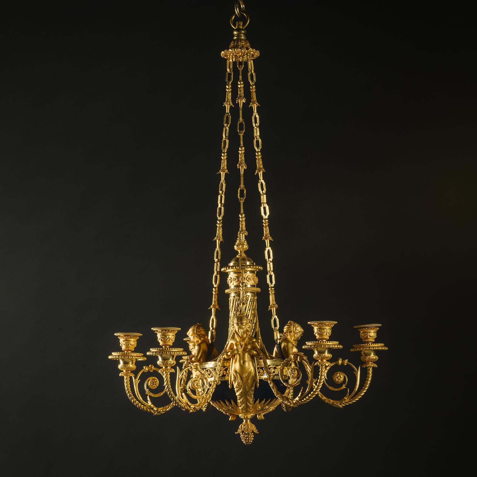 A Louis XVI Style Gilt-Bronze Six-Light Chandelier ‘aux Termes’
Attributed to Emmanuel-Alfred (dit Alfred II) Beurdeley, Paris.

Modelled with three caryatid term figures holding spiral branches issuing candle nozzles. The whole executed in