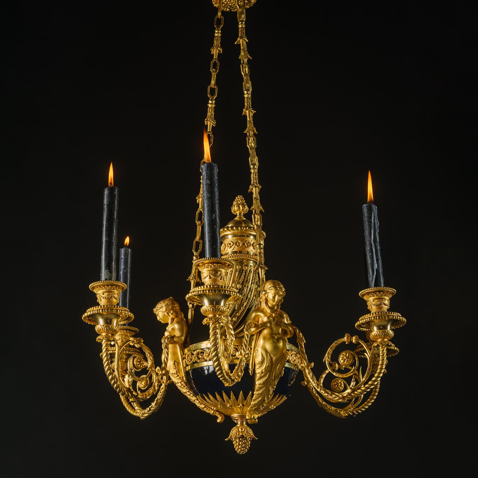 Louis XVI Style Gilt-Bronze Six-Light Chandelier ‘aux Termes For Sale 1