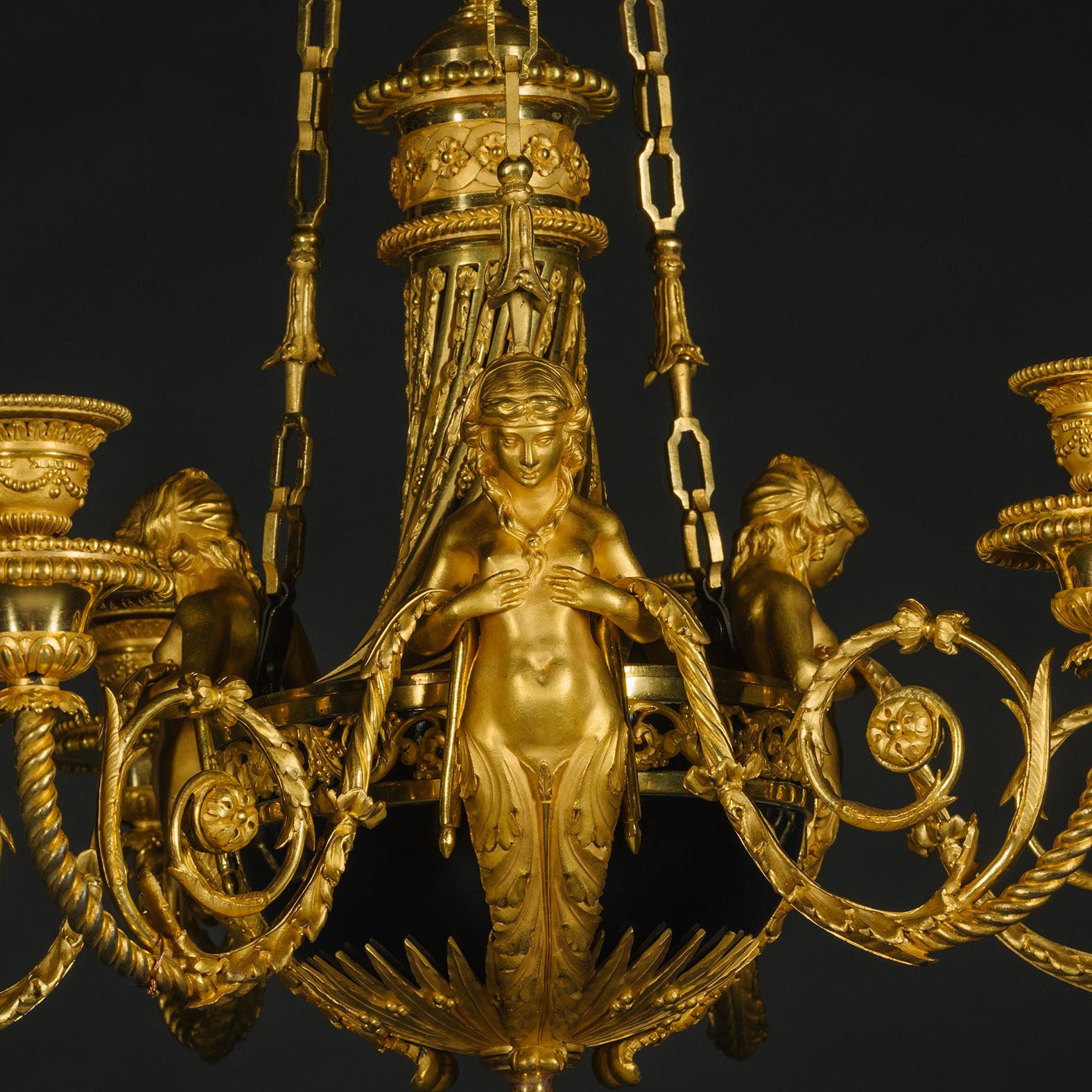 Louis XVI Style Gilt-Bronze Six-Light Chandelier ‘aux Termes For Sale 2