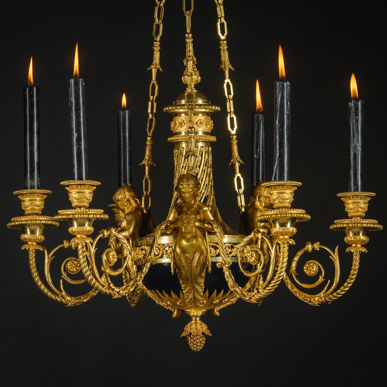 Louis XVI Style Gilt-Bronze Six-Light Chandelier ‘aux Termes For Sale 3