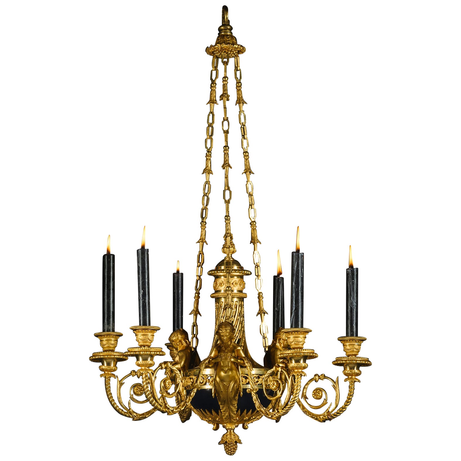 Lampadario a sei luci 'aux Termes' in stile Luigi XVI, dorato-bronzo