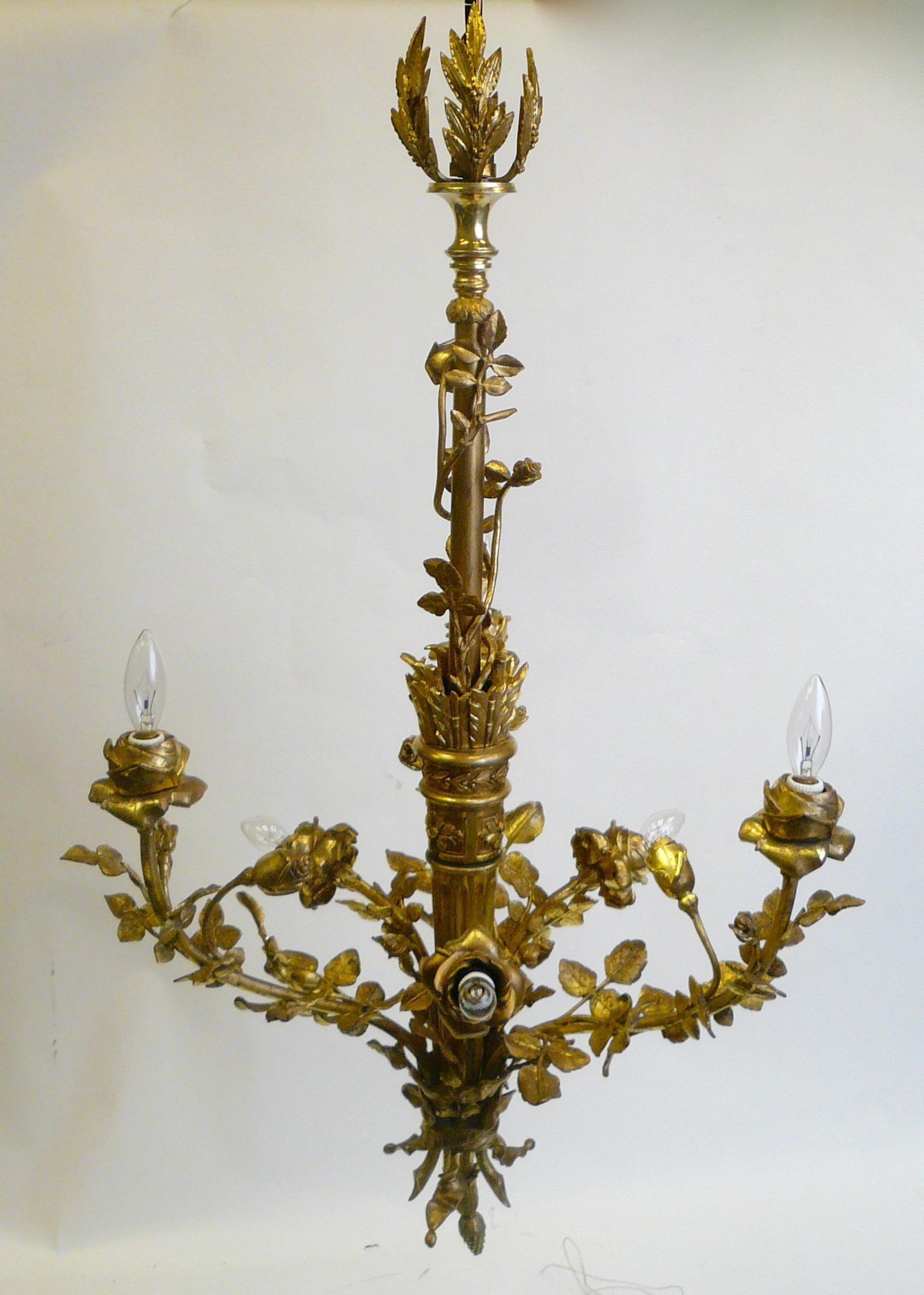 This neoclassical style hanging fixture features naturalistic rose branches emanating from a gilt bronze quiver.