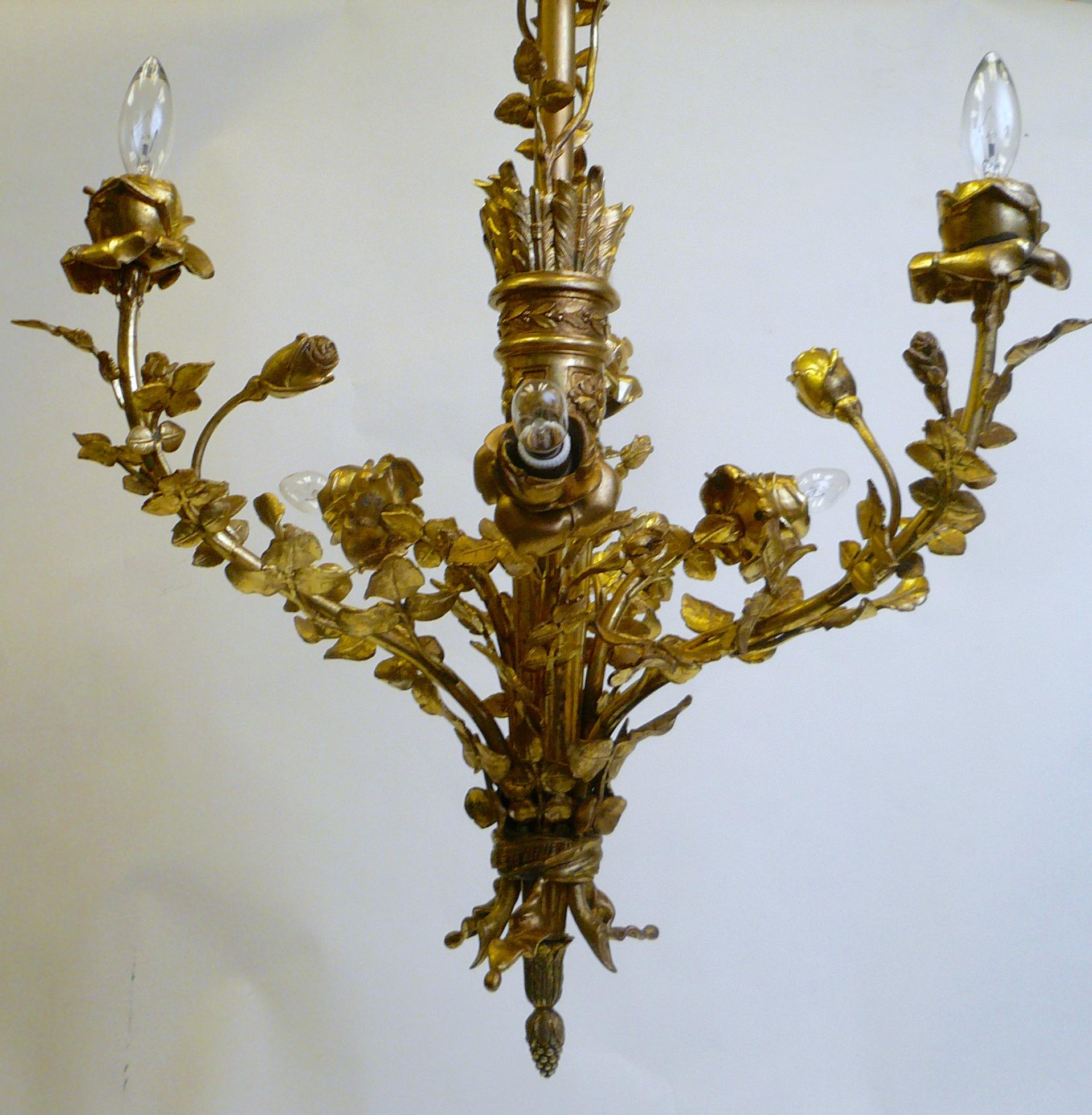 French Louis XVI Style Gilt Bronze Six-Light Floral Chandelier