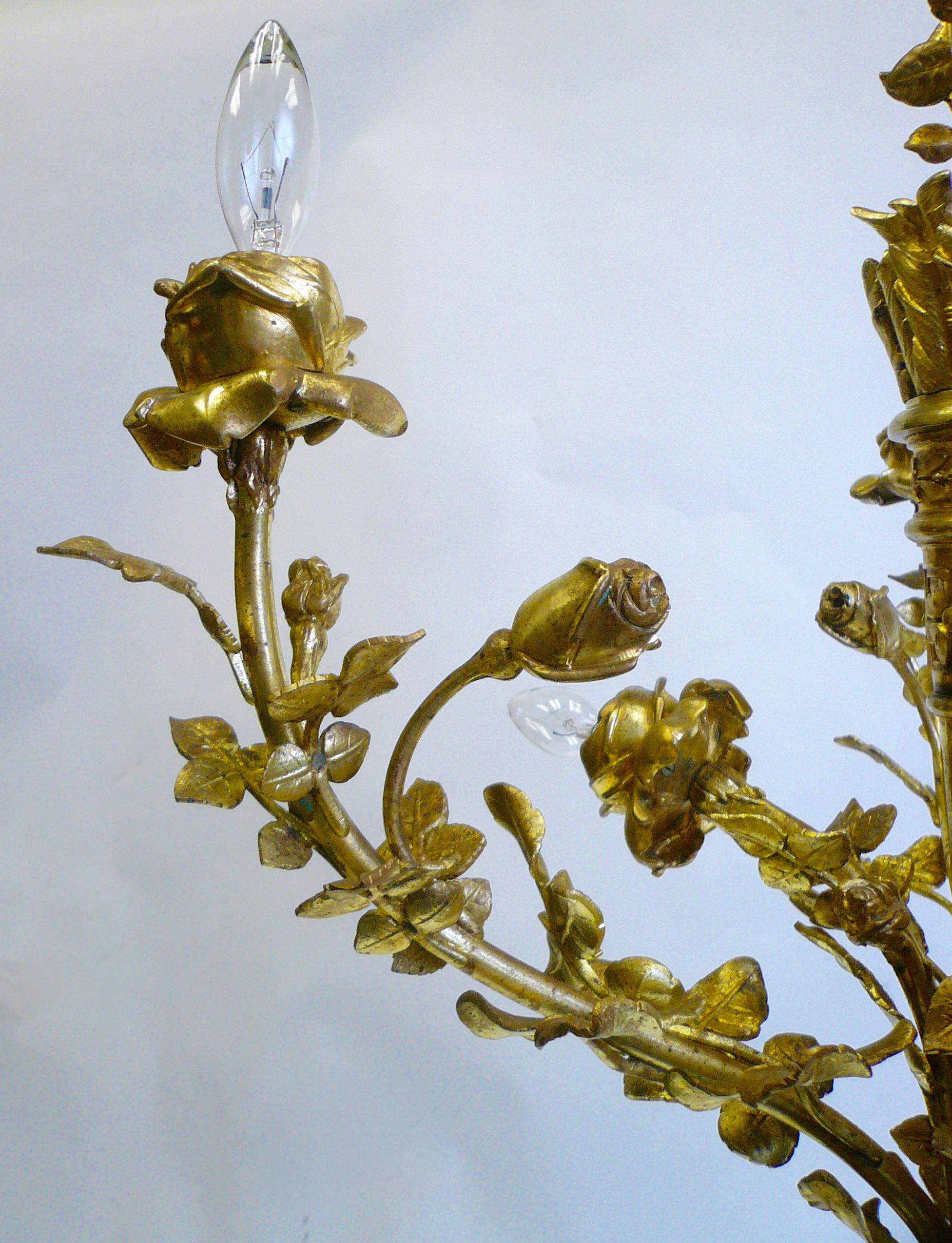 Louis XVI Style Gilt Bronze Six-Light Floral Chandelier In Good Condition In Pittsburgh, PA