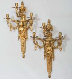 Fine Pair of Louis XVI Style Gilt-Bronze Three Branch Sconces