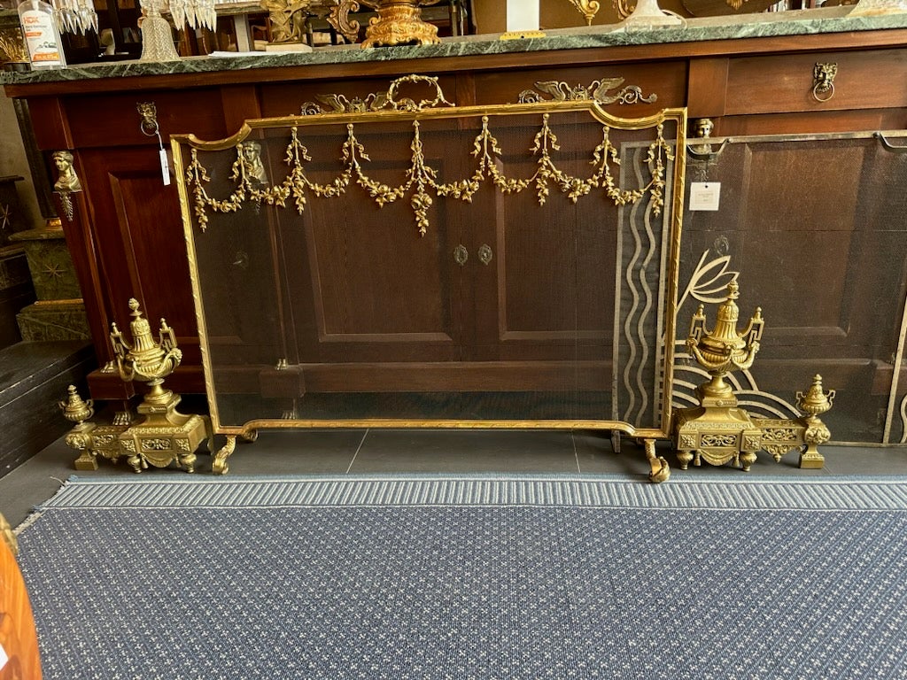  Louis XVI Style Gilt Bronze Three-Piece Fireplace Suite For Sale