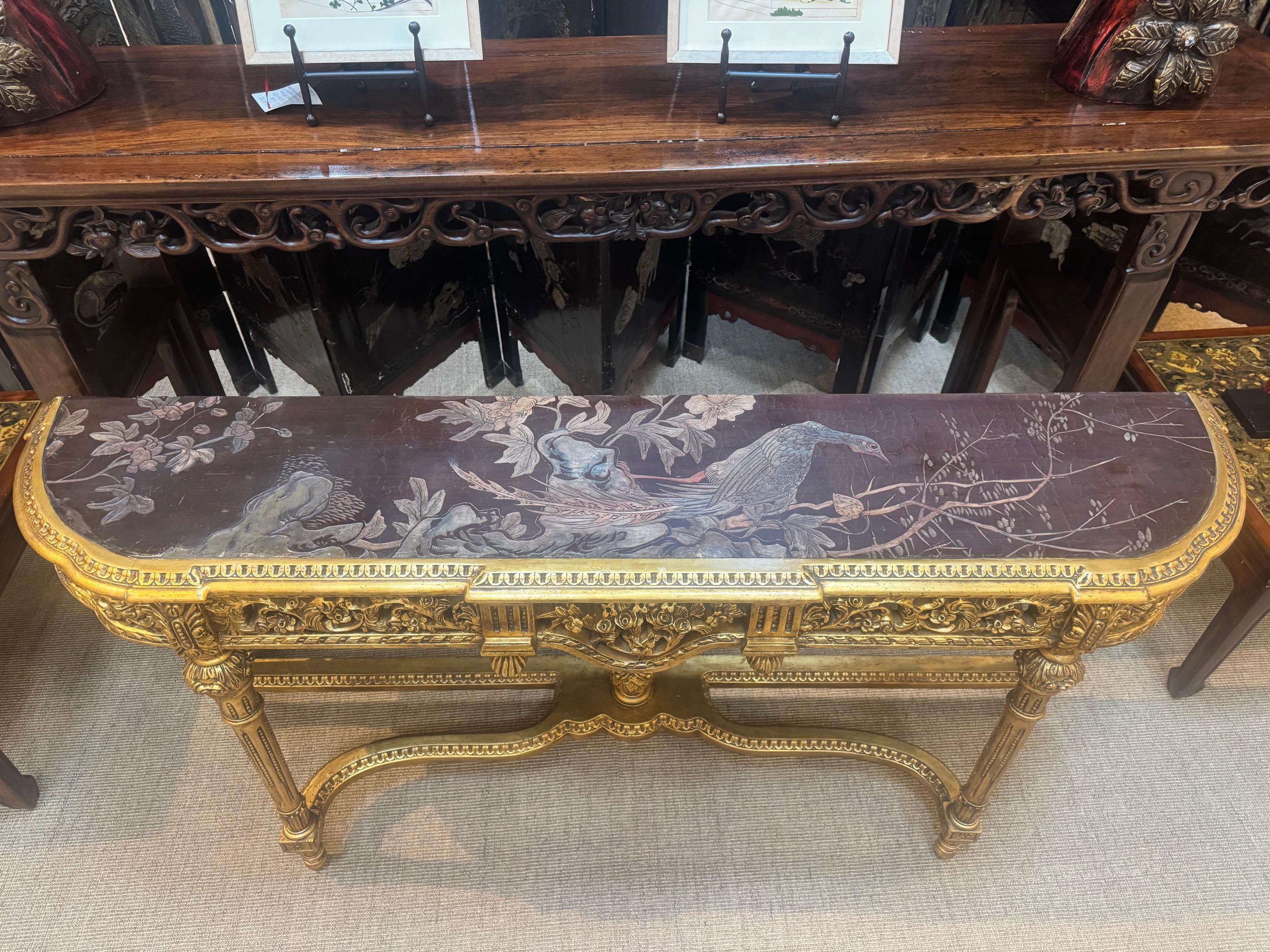 Louis XVI Style Gilt Console Table with Antique Chinese Coromandel Top For Sale 1