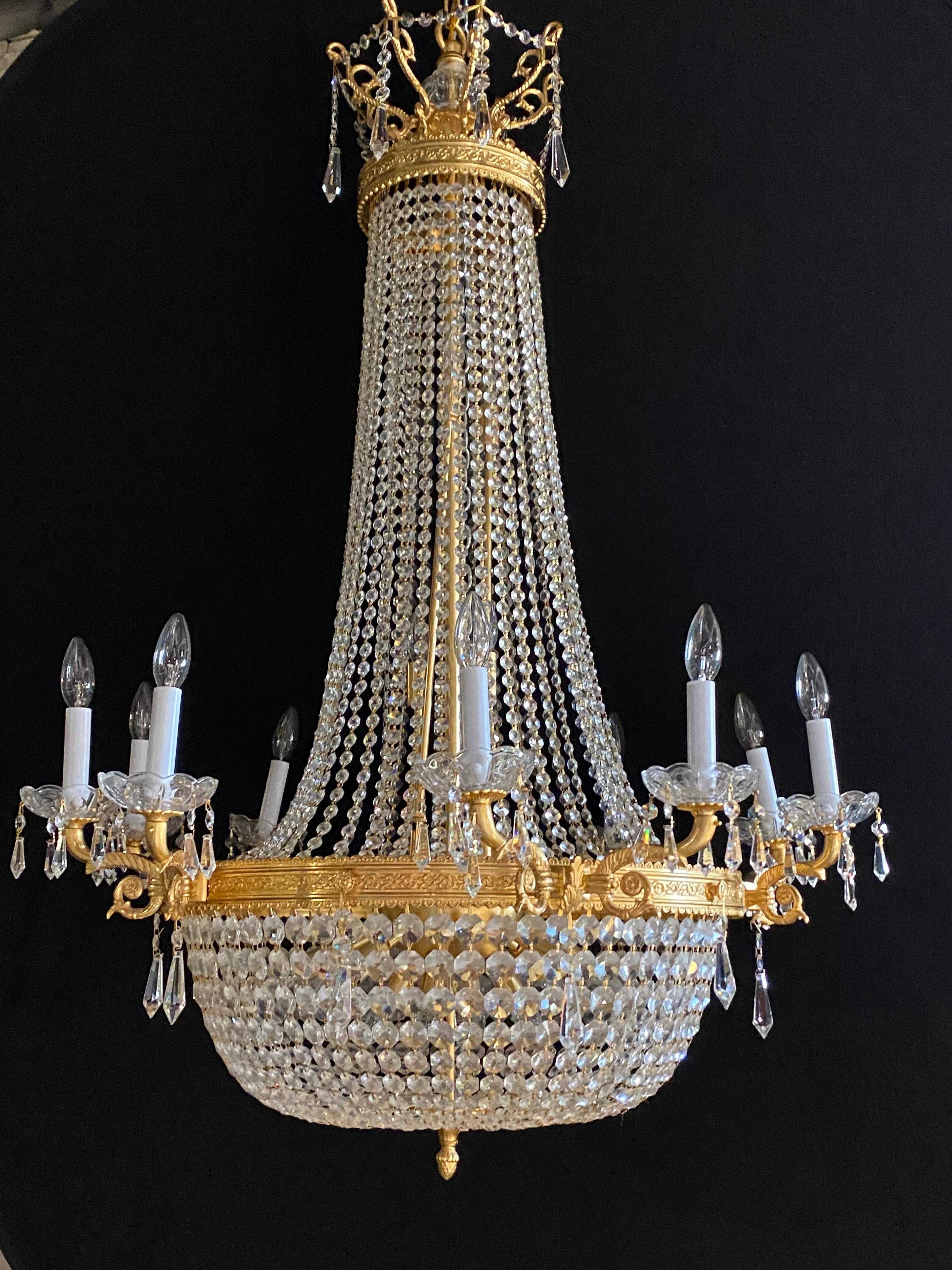 Crystal Louis XVI Style Gilt Metal Chandelier Re-gilded & Rewired