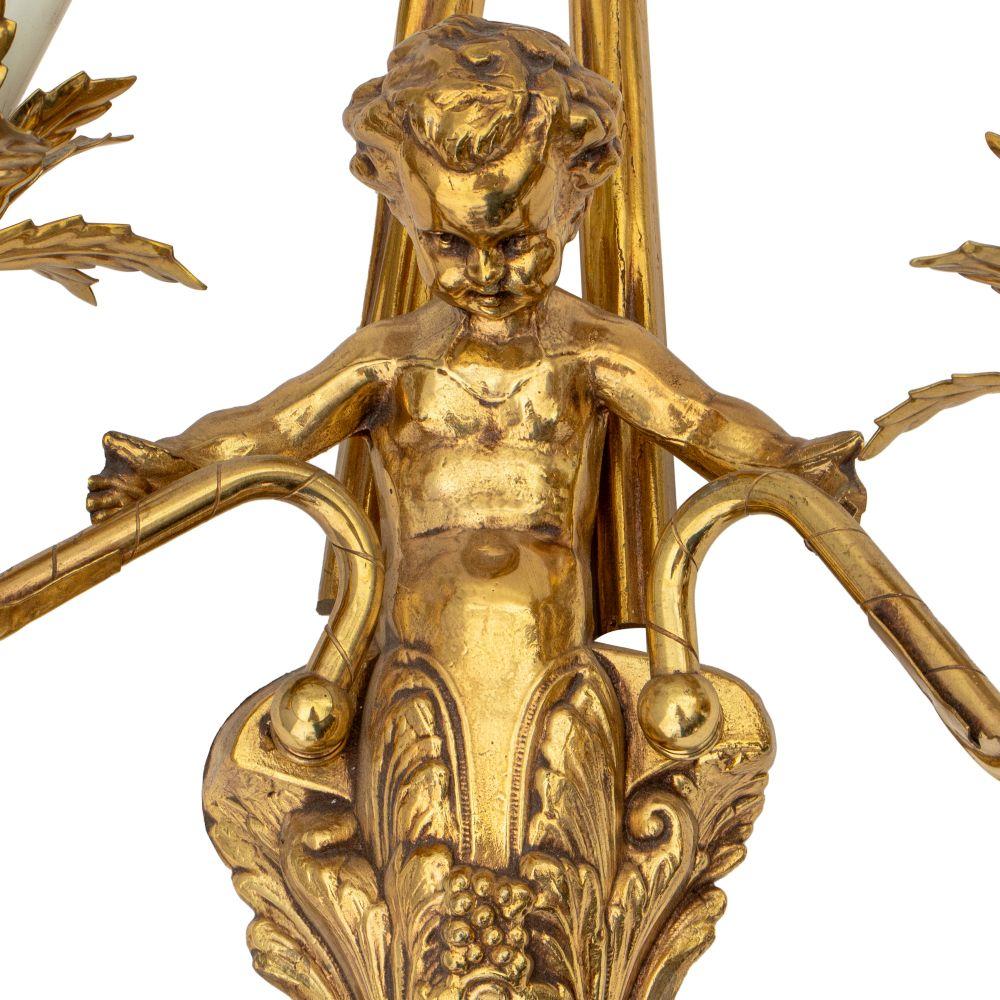 French Louis XVI Style Gilt Metal Cherub Sconces, Pair For Sale