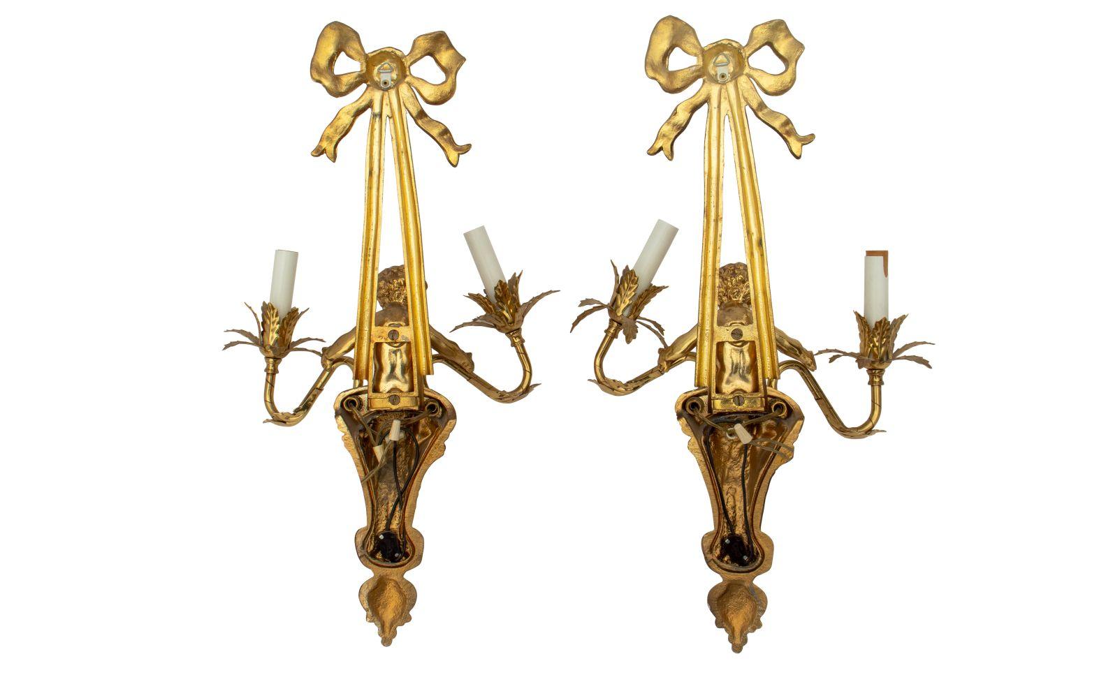 Louis XVI Style Gilt Metal Cherub Sconces, Pair In Good Condition For Sale In Astoria, NY