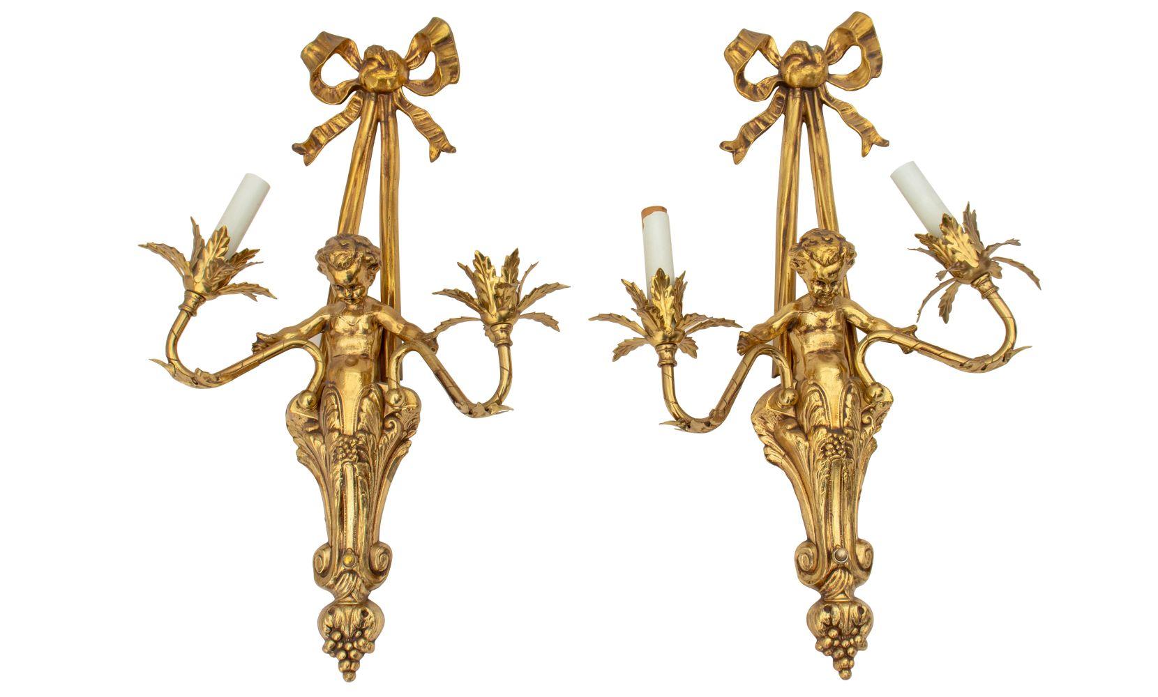 20th Century Louis XVI Style Gilt Metal Cherub Sconces, Pair For Sale