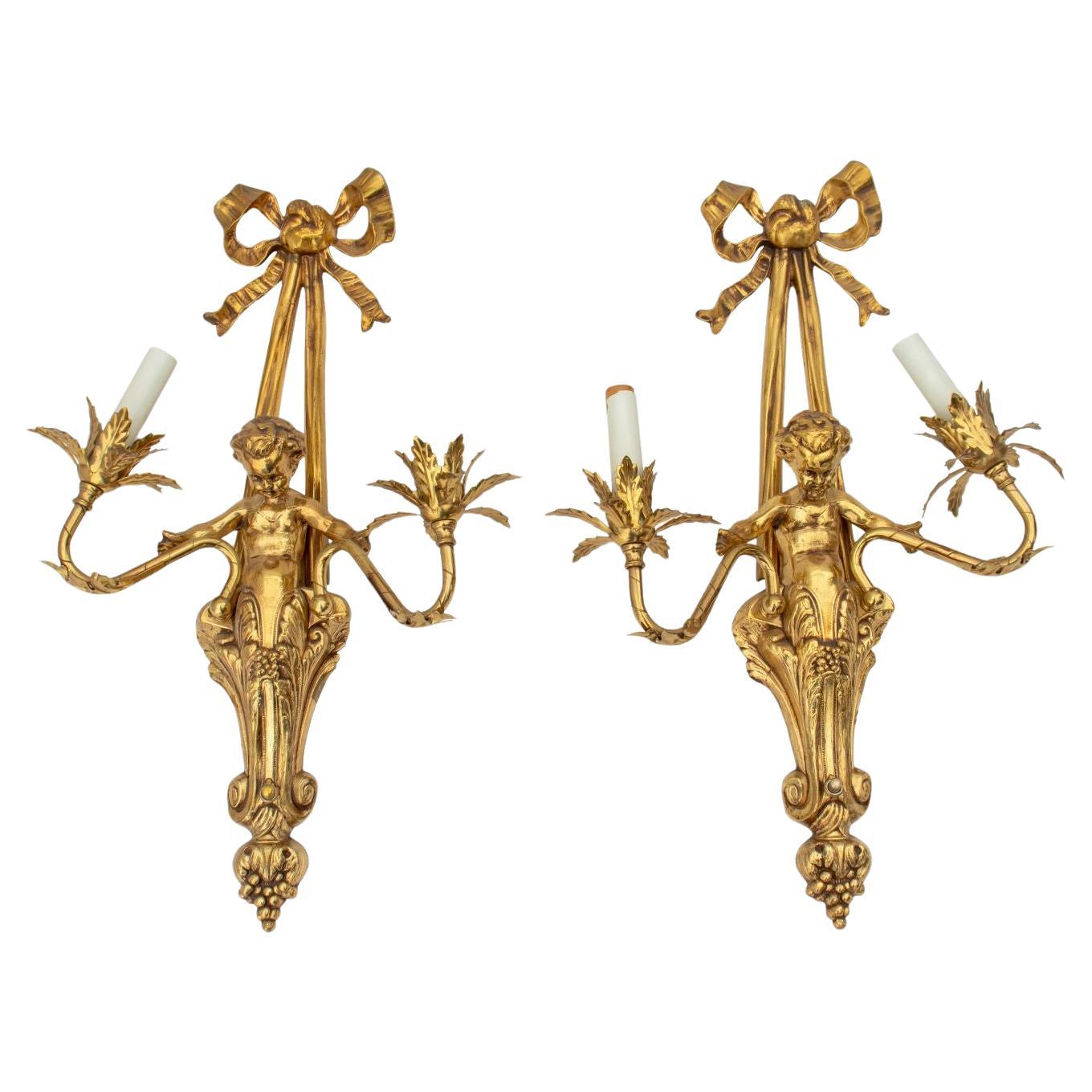 Louis XVI Style Gilt Metal Cherub Sconces, Pair