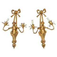 Louis XVI Style Gilt Metal Cherub Sconces, Pair