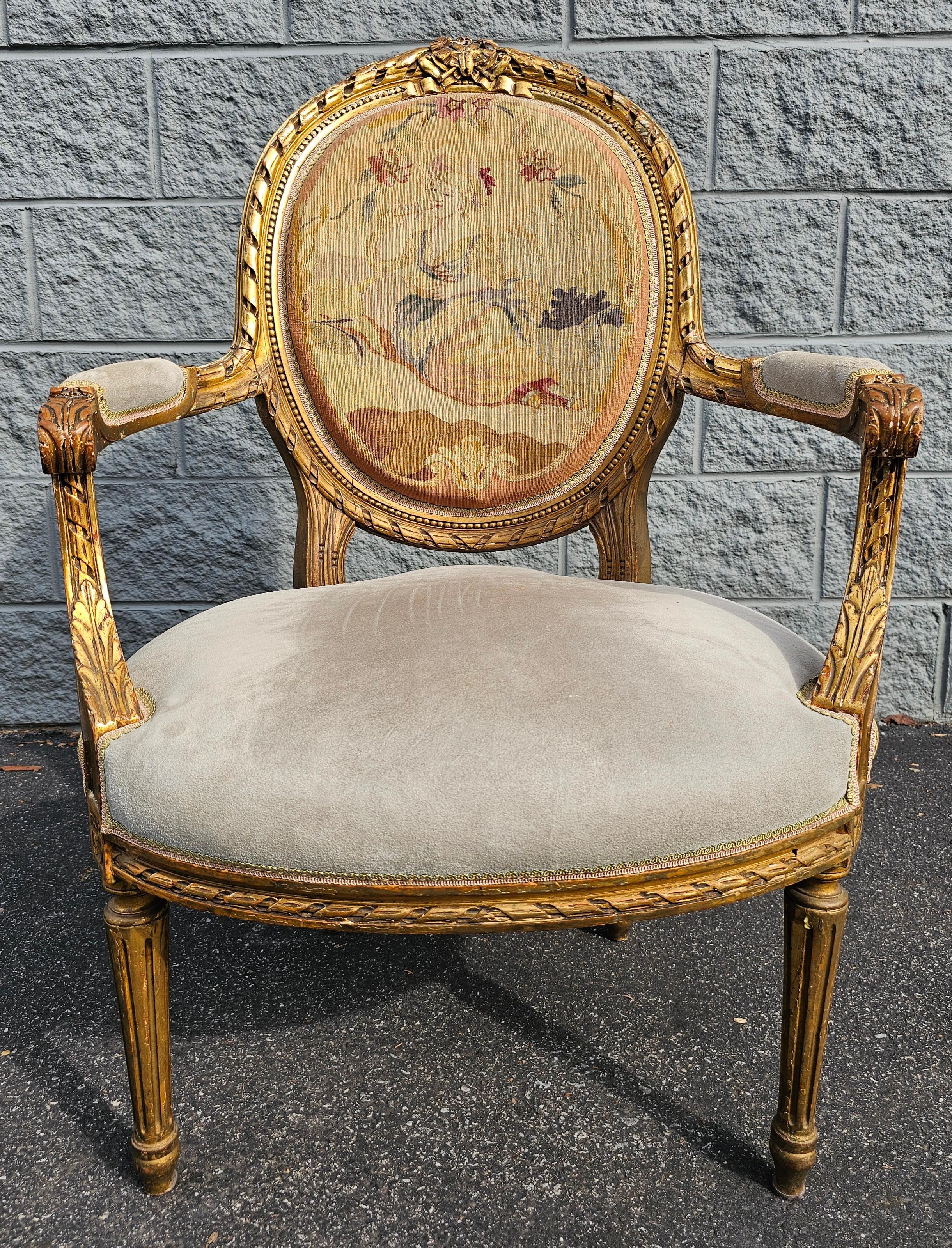 Italian Louis XVI Style Gilt, Suede Leather and Needlepoint Upholstered Fauteuil For Sale