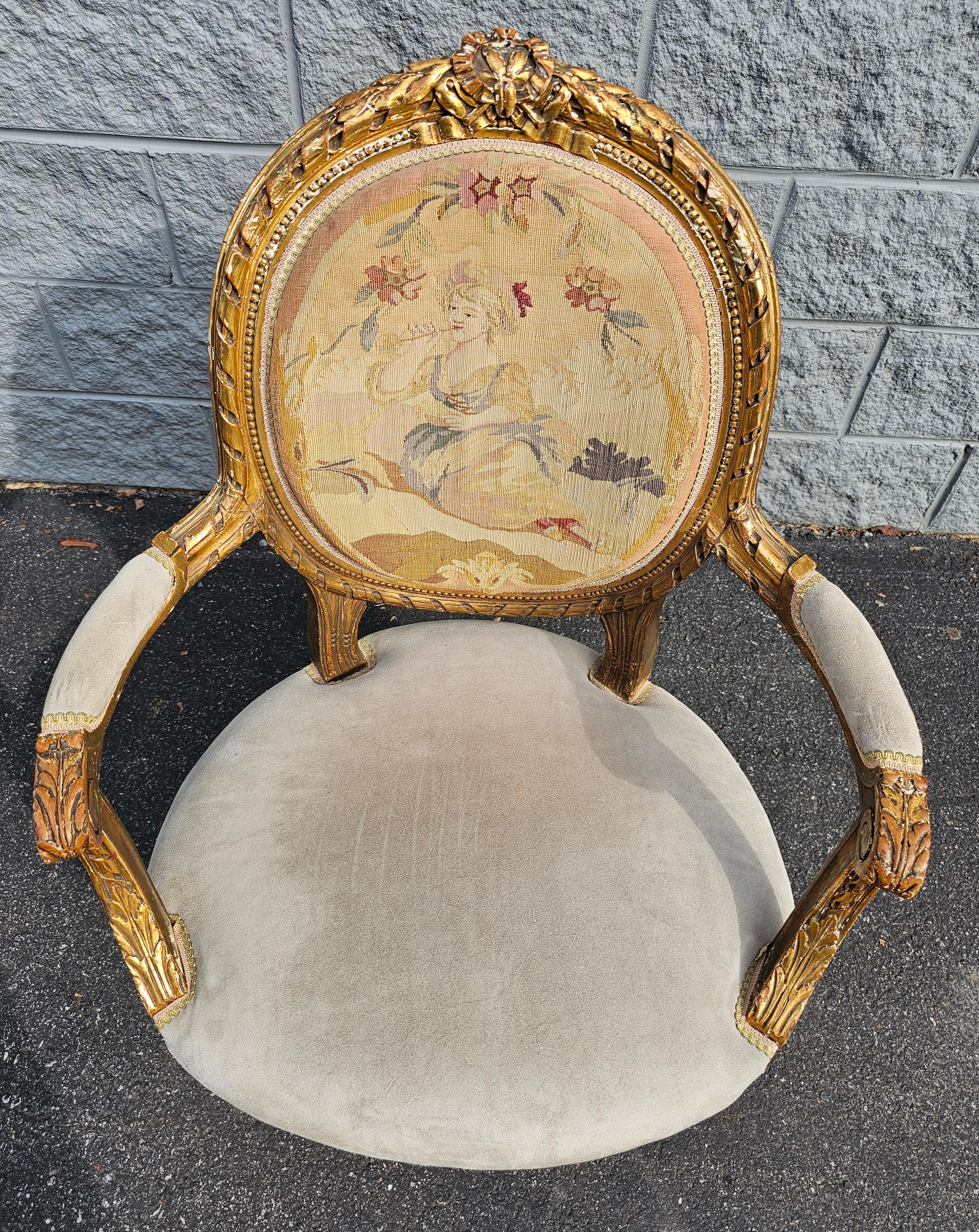 Carved Louis XVI Style Gilt, Suede Leather and Needlepoint Upholstered Fauteuil For Sale