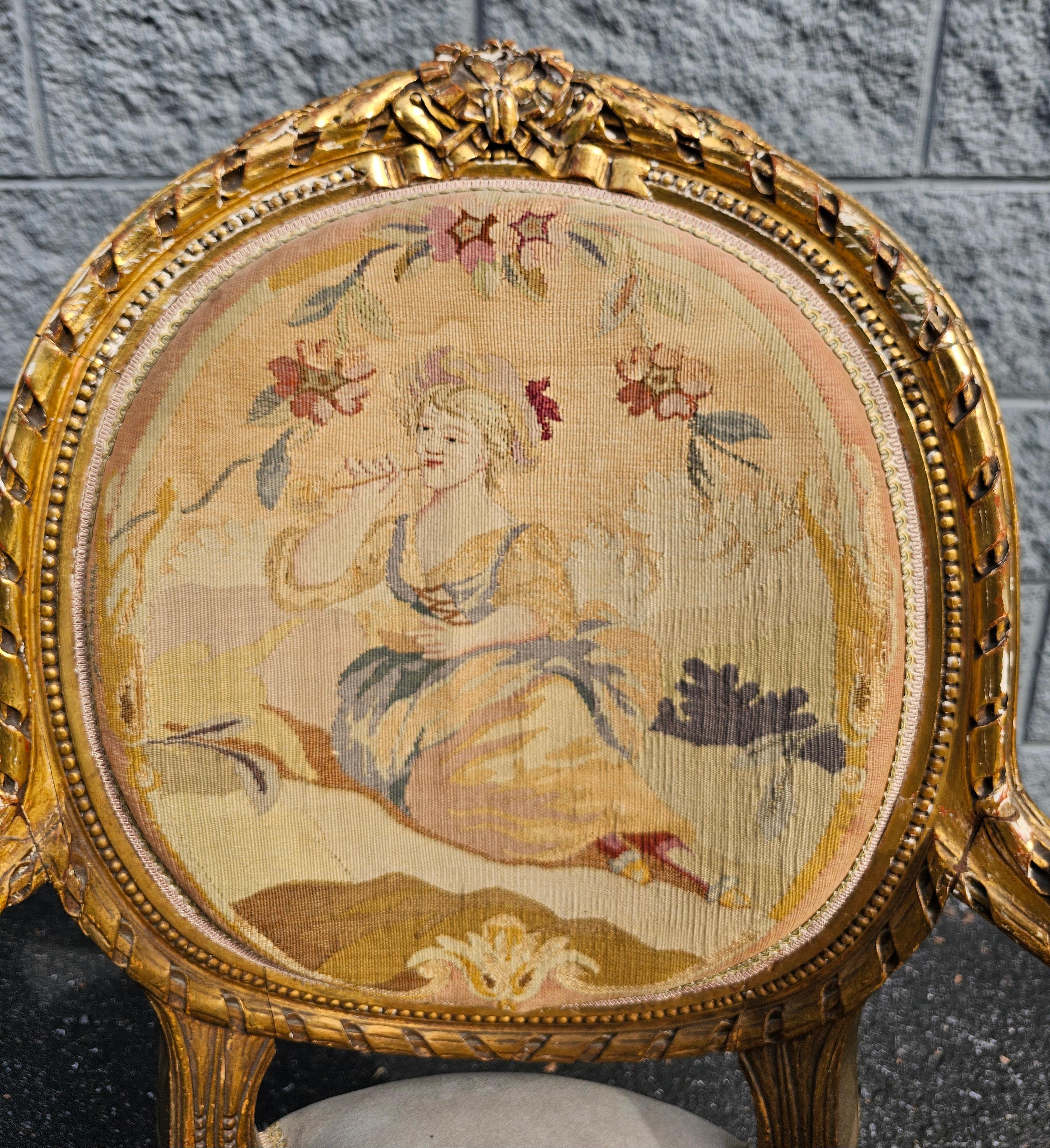 Louis XVI Style Gilt, Suede Leather and Needlepoint Upholstered Fauteuil In Good Condition For Sale In Germantown, MD