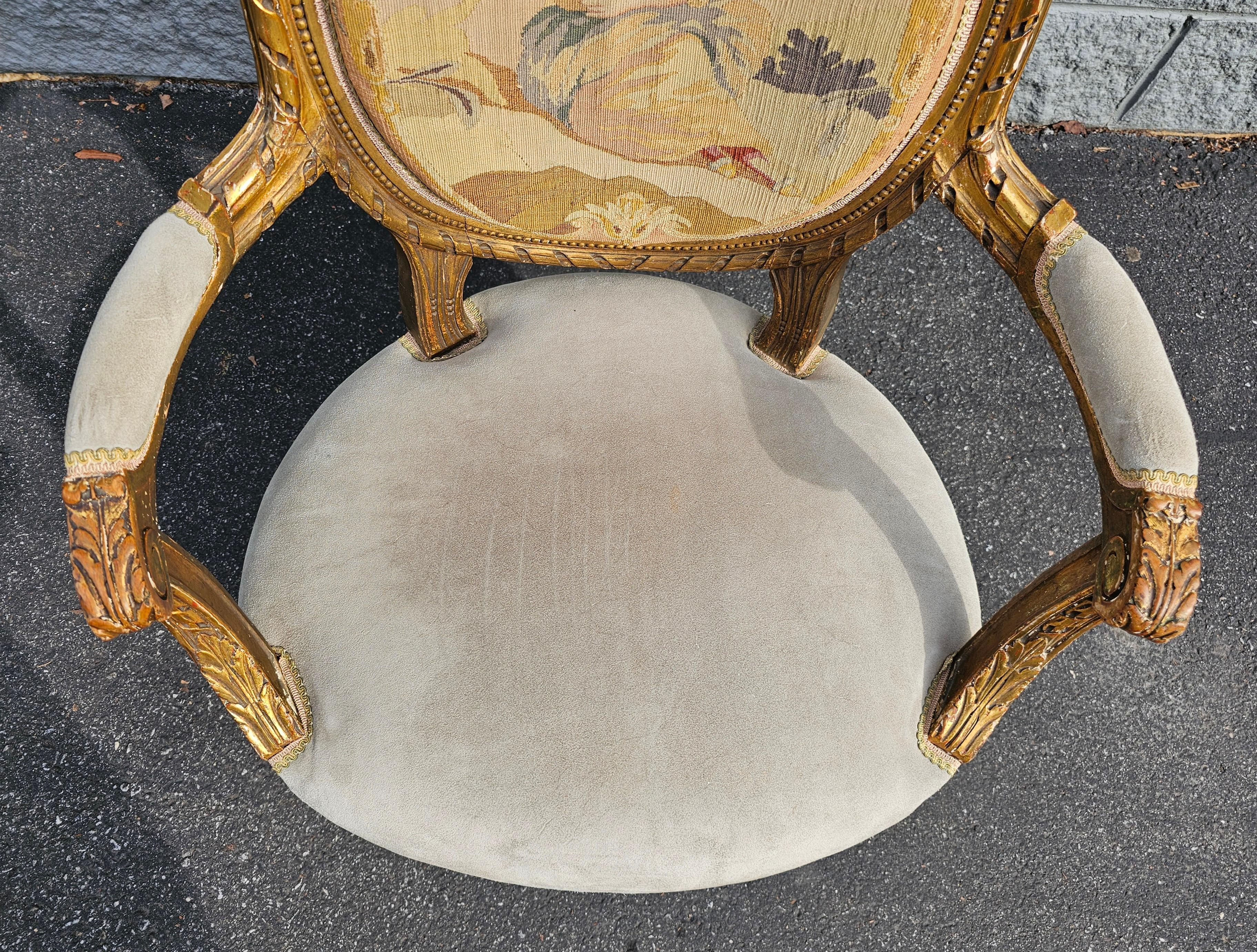 20th Century Louis XVI Style Gilt, Suede Leather and Needlepoint Upholstered Fauteuil For Sale