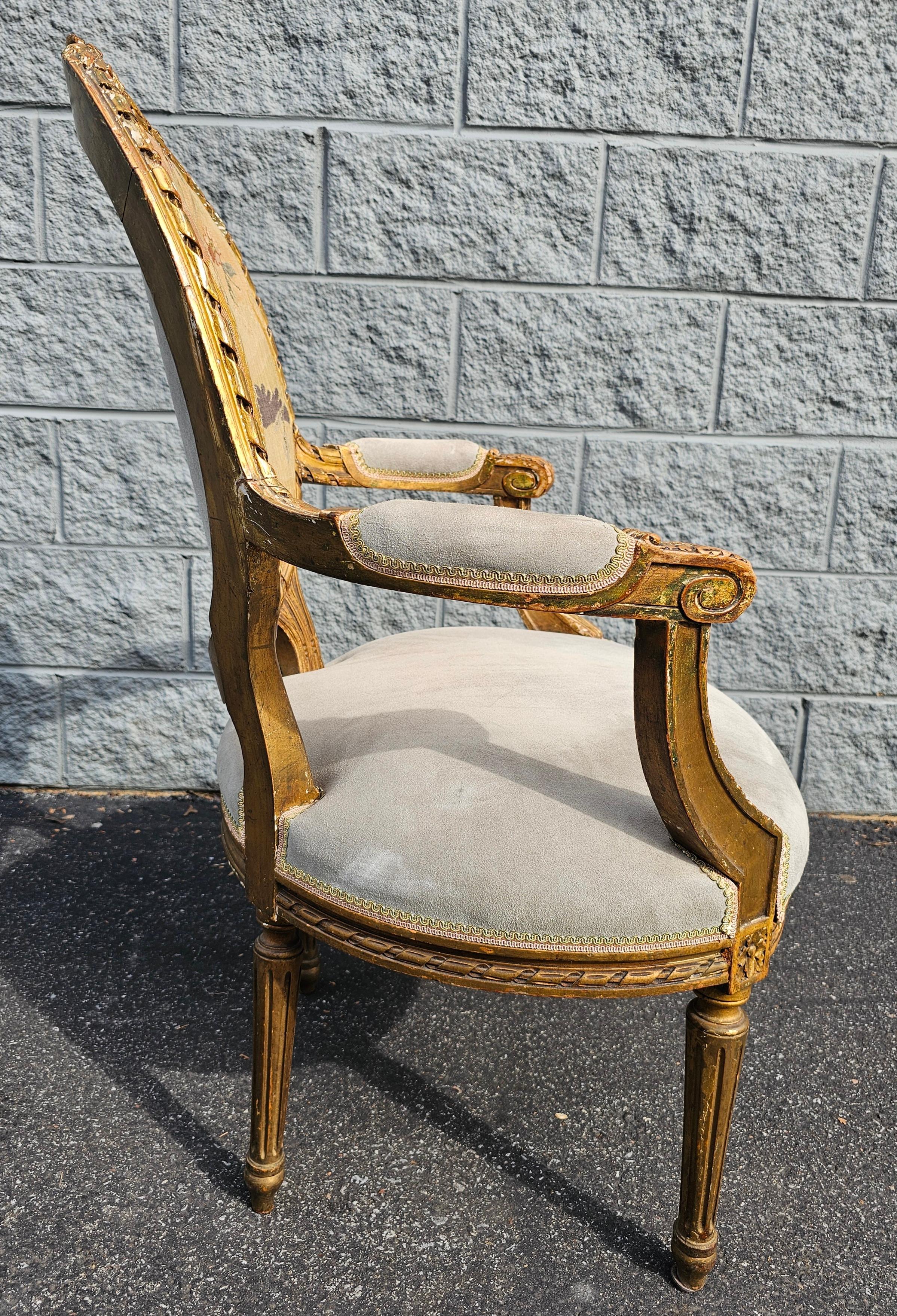 Louis XVI Style Gilt, Suede Leather and Needlepoint Upholstered Fauteuil For Sale 1