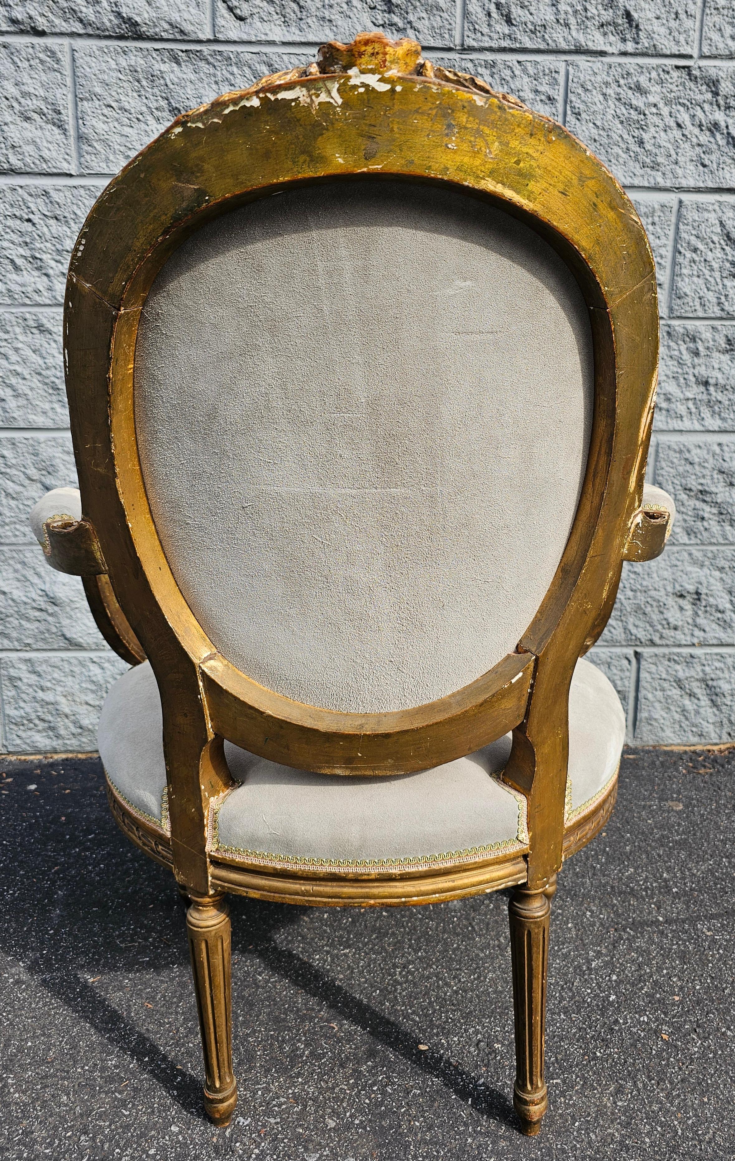 Louis XVI Style Gilt, Suede Leather and Needlepoint Upholstered Fauteuil For Sale 2