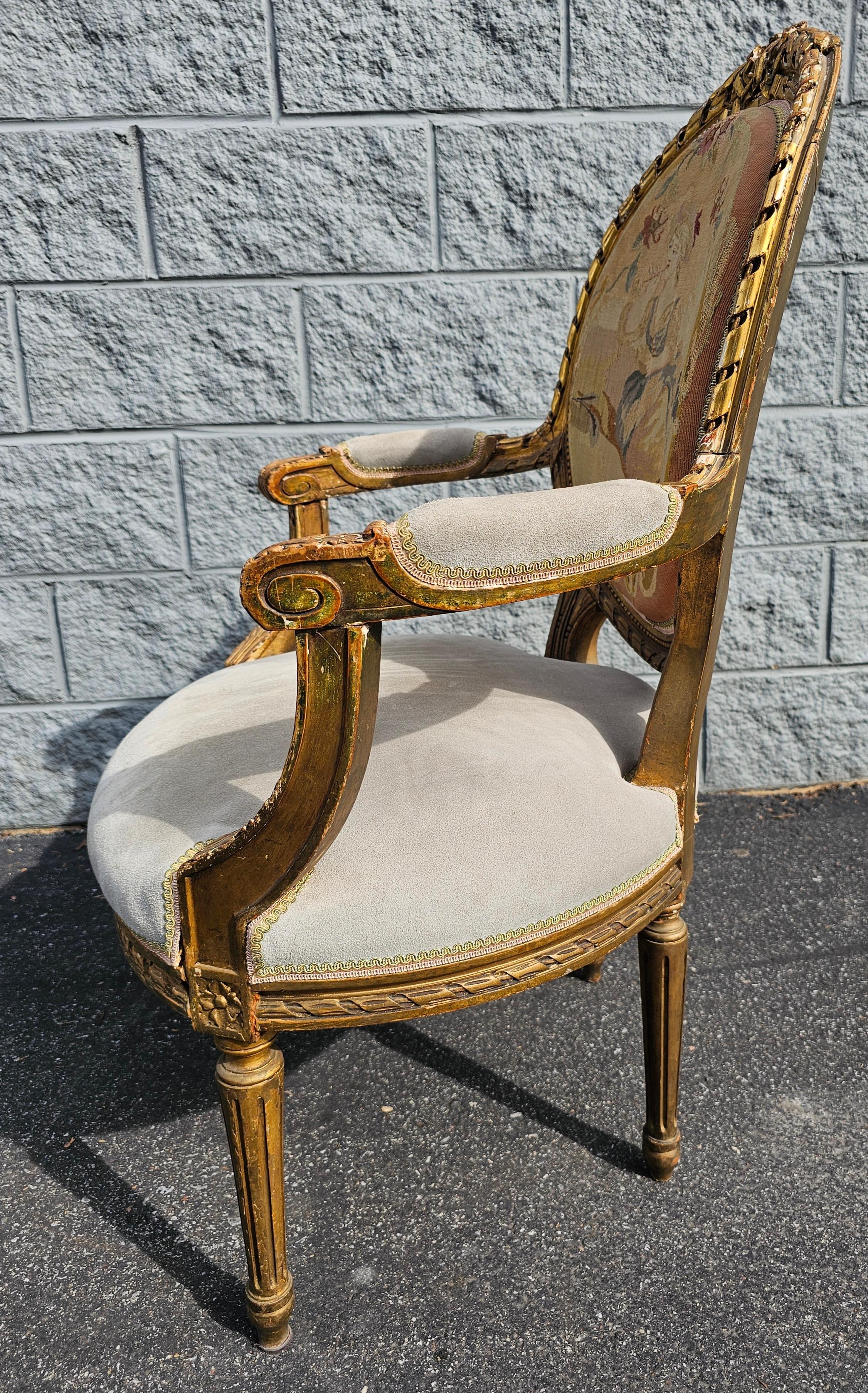 Louis XVI Style Gilt, Suede Leather and Needlepoint Upholstered Fauteuil For Sale 3