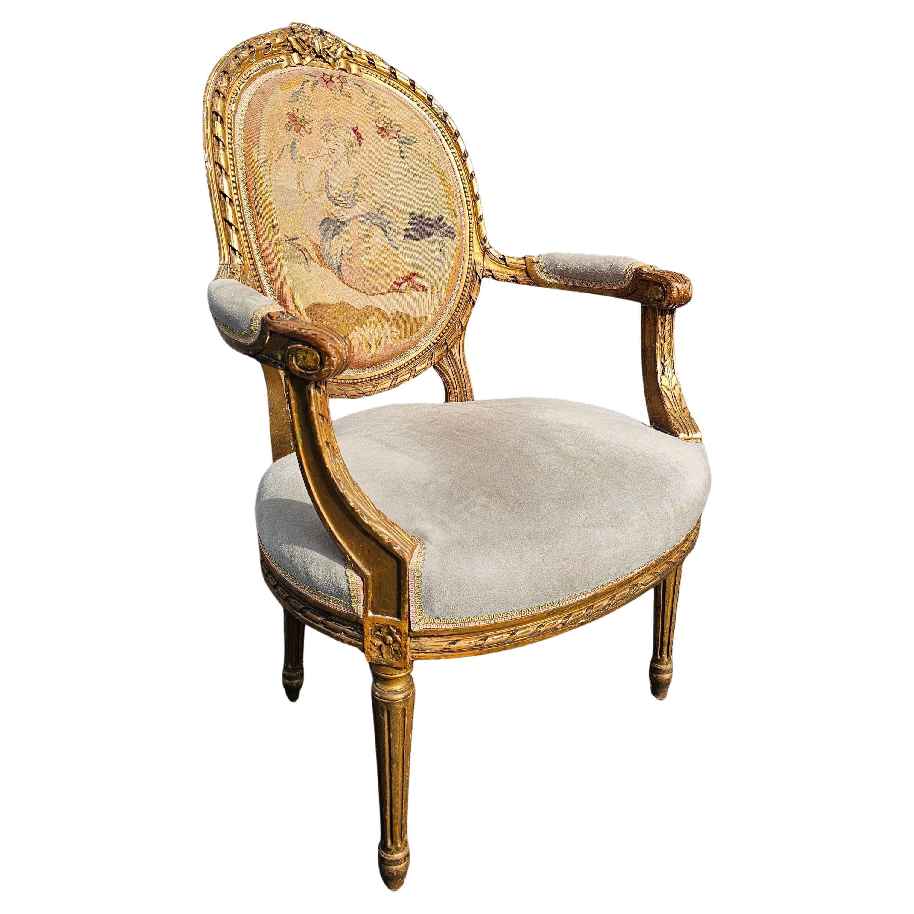 Louis XVI Style Gilt, Suede Leather and Needlepoint Upholstered Fauteuil For Sale