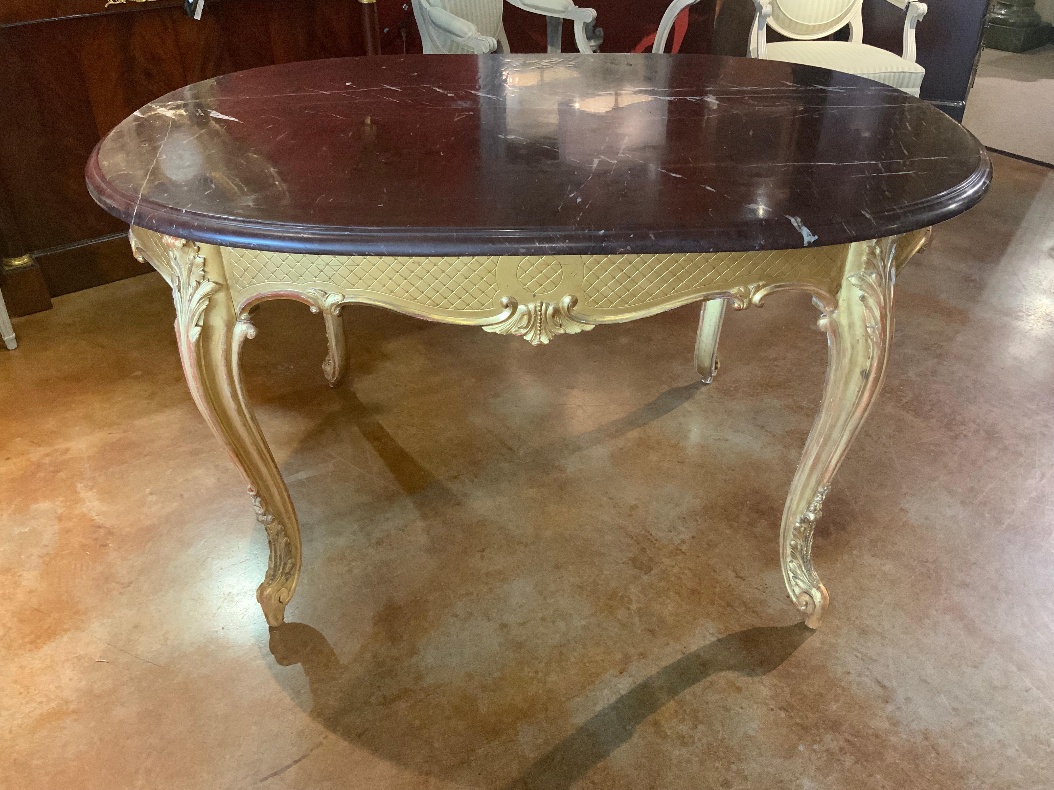 Louis XVI-style gilt wood and  rouge griotte marble top center table For Sale 1