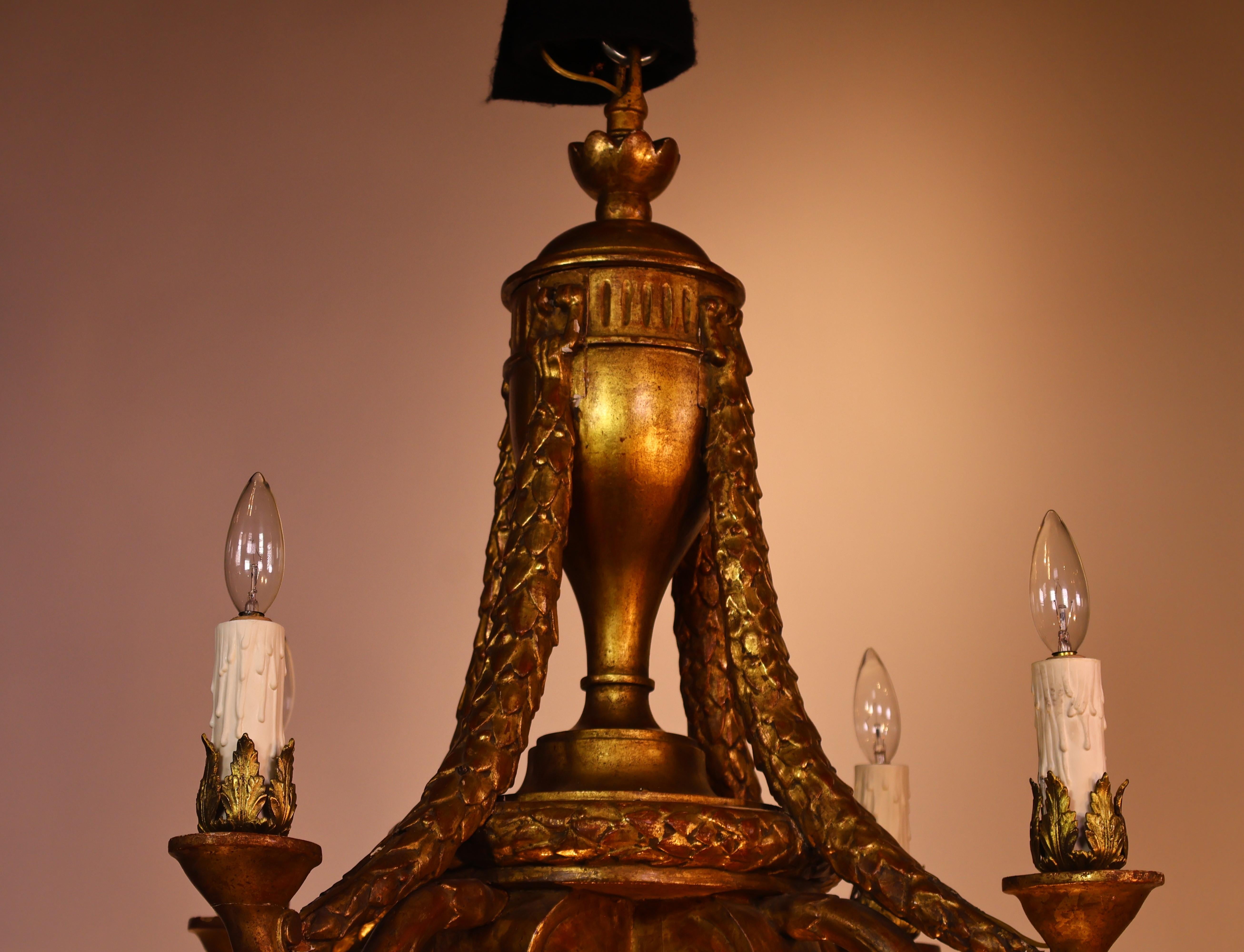 Louis XVI style Gilt Wood Chandelier In Good Condition For Sale In Atlanta, GA